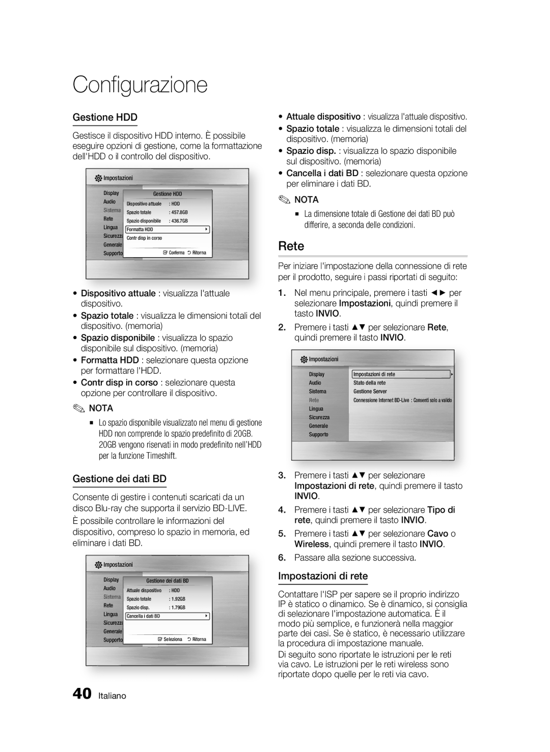 Samsung BD-C8900/XEF manual Rete, Gestione HDD, Gestione dei dati BD, Impostazioni di rete, Passare alla sezione successiva 