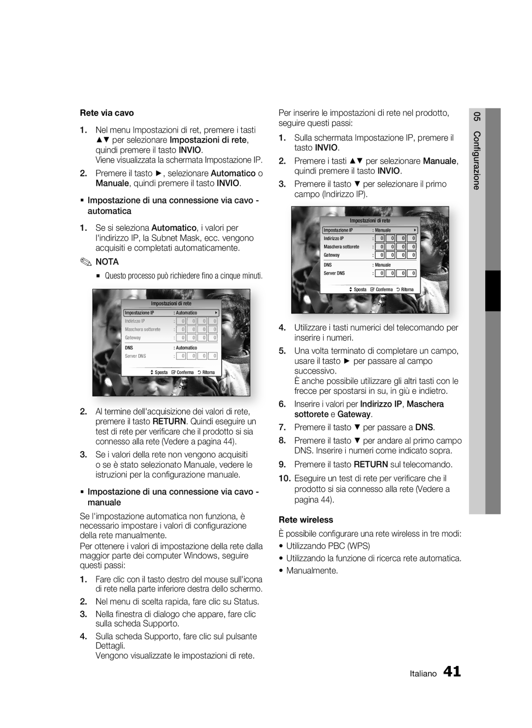 Samsung BD-C8900/XEF manual Rete via cavo, Rete wireless 