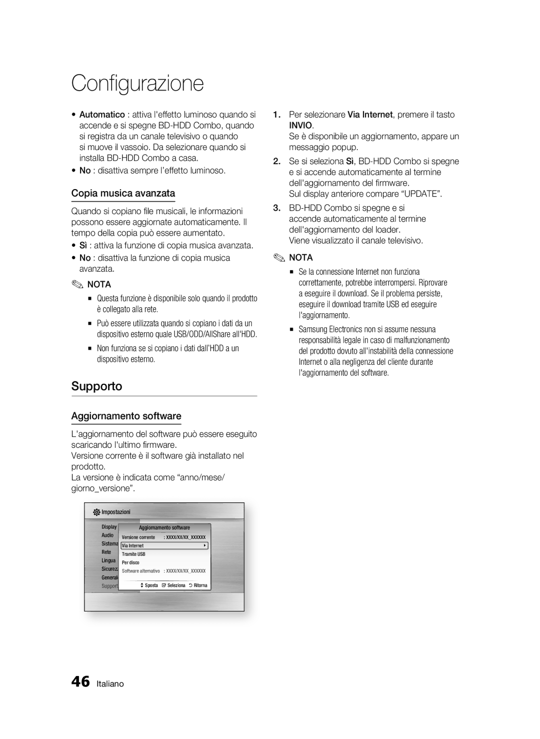 Samsung BD-C8900/XEF manual Supporto, Copia musica avanzata, Aggiornamento software, No disattiva sempre l’effetto luminoso 