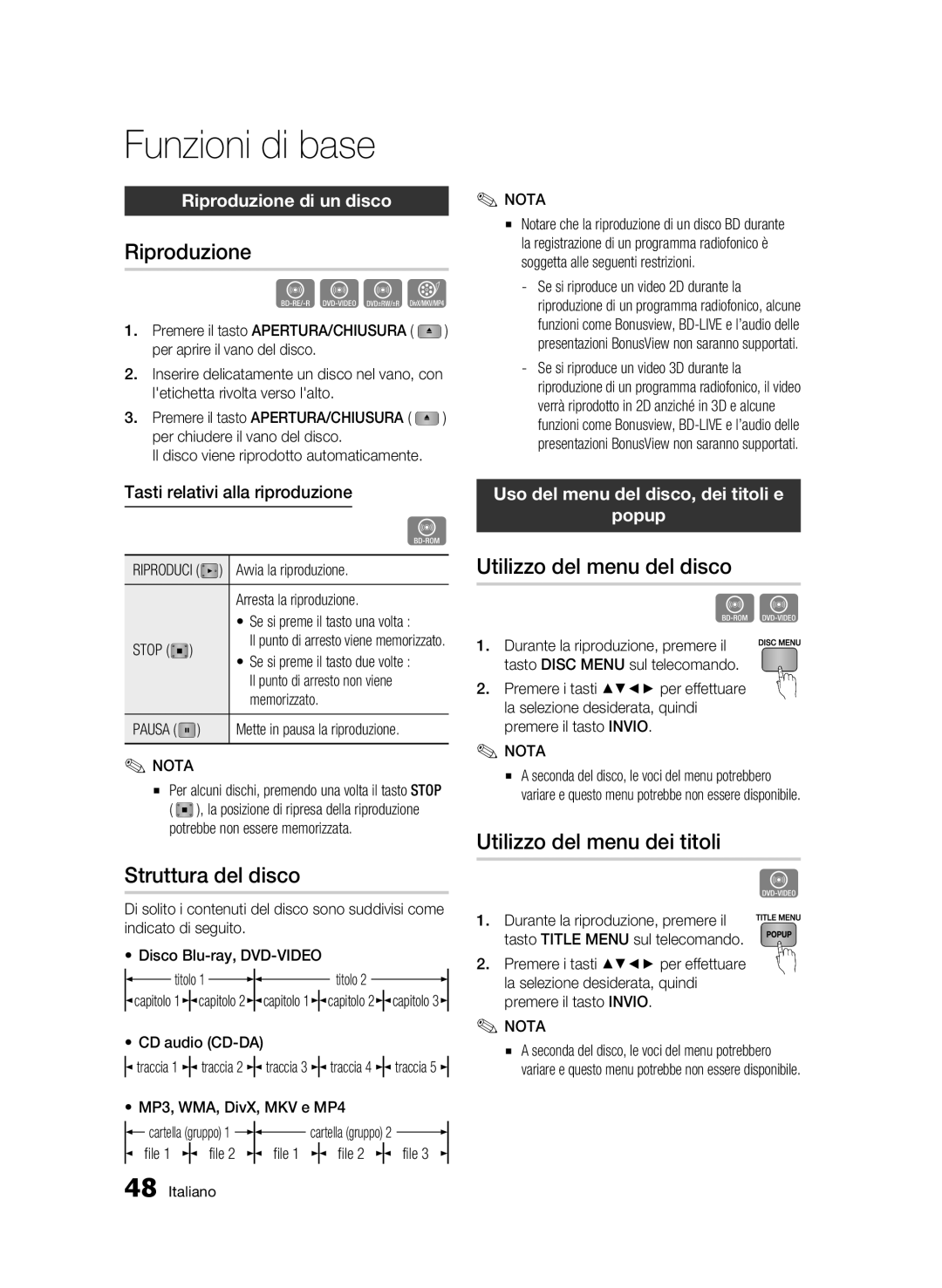 Samsung BD-C8900/XEF manual Funzioni di base, Riproduzione, Struttura del disco, Utilizzo del menu del disco 