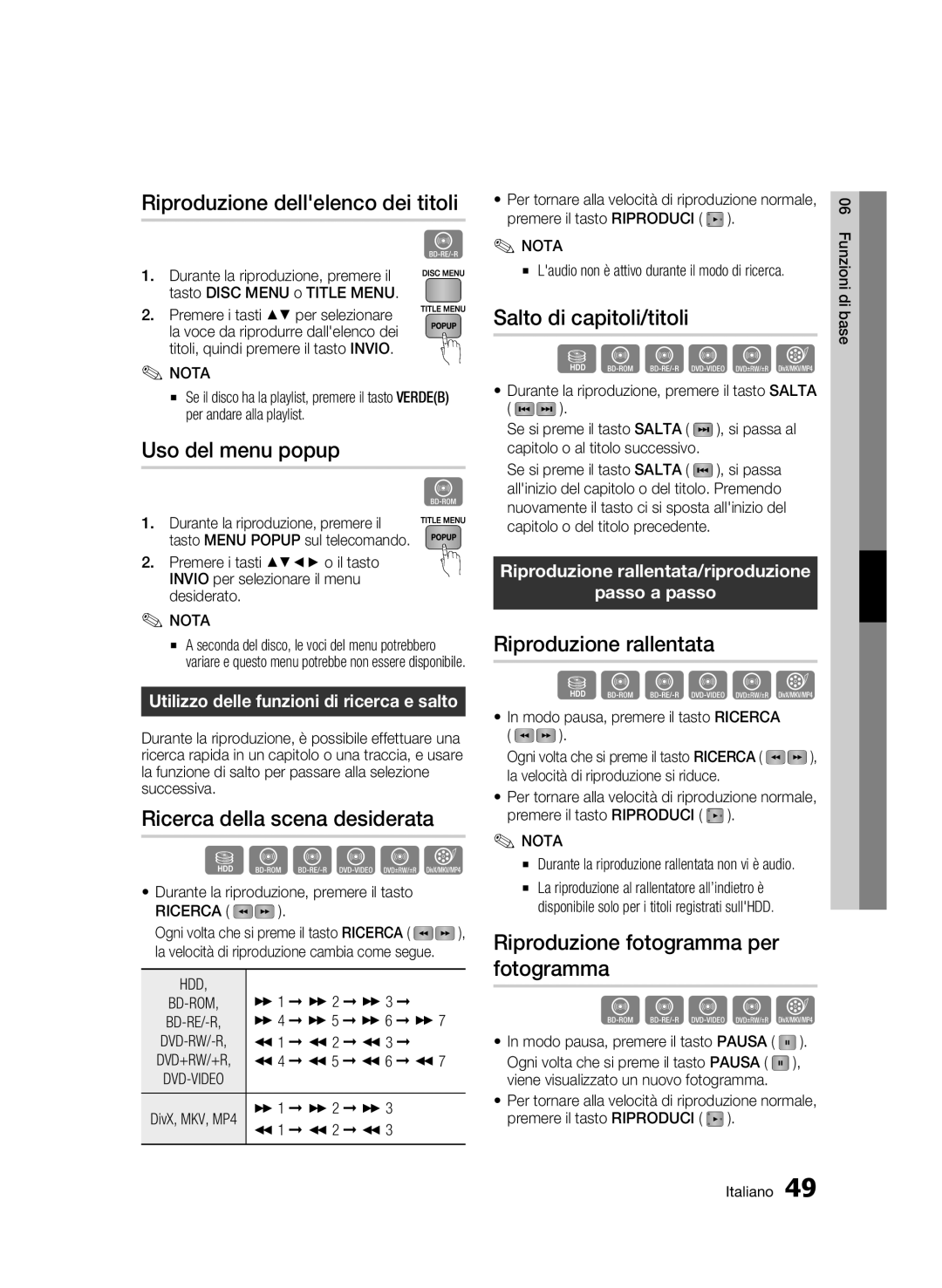 Samsung BD-C8900/XEF manual Riproduzione dellelenco dei titoli, Uso del menu popup, Ricerca della scena desiderata 