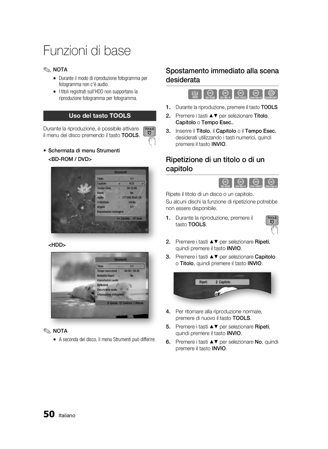 Samsung BD-C8900/XEF manual Spostamento immediato alla scena desiderata, Ripetizione di un titolo o di un capitolo, Hdd 