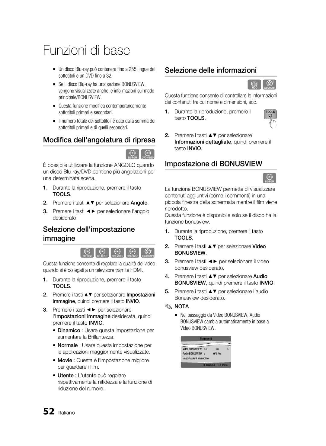 Samsung BD-C8900/XEF Modifica dellangolatura di ripresa, Selezione dellimpostazione immagine, Selezione delle informazioni 