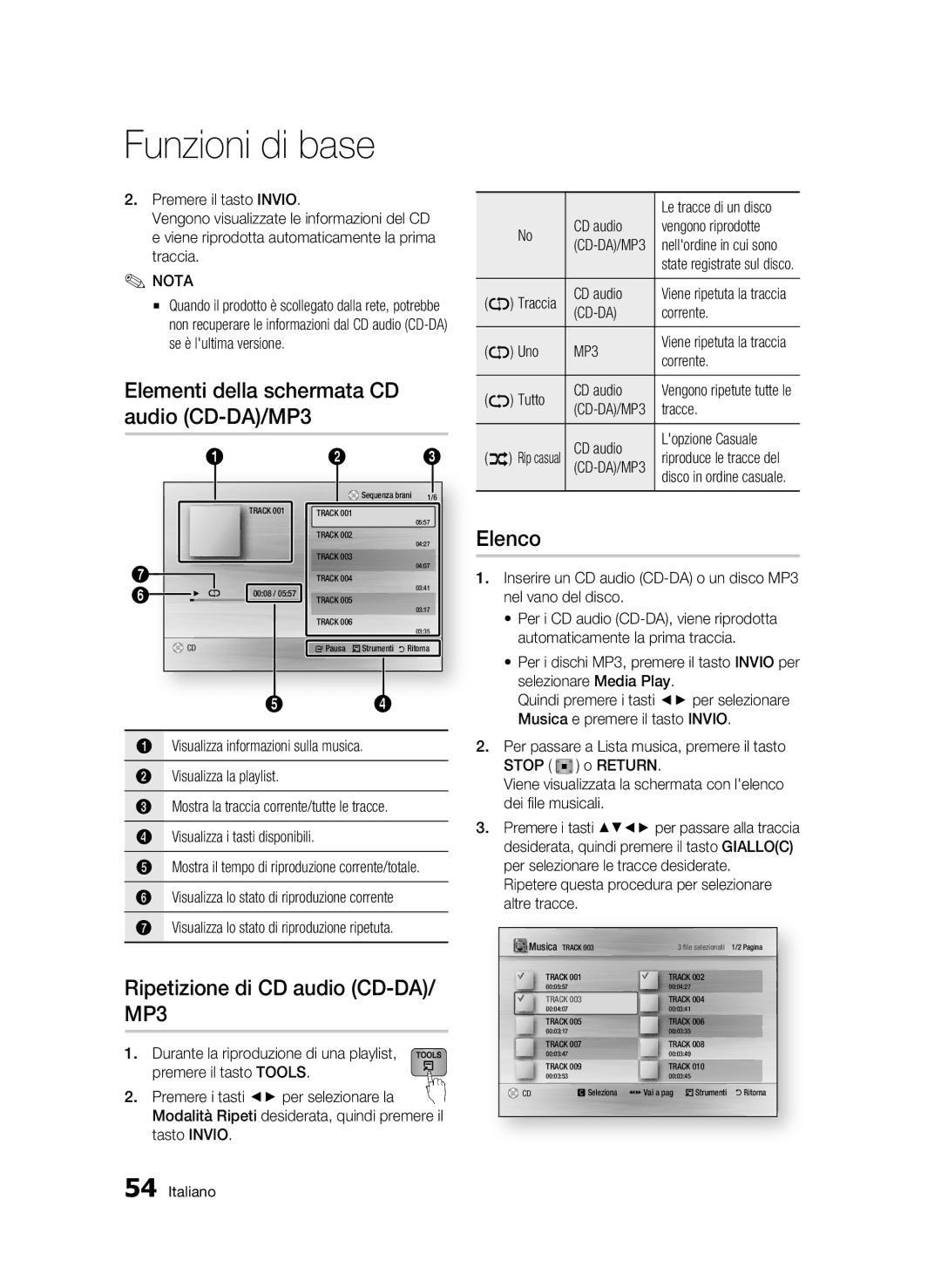 Samsung BD-C8900/XEF manual Elementi della schermata CD audio CD-DA/MP3, Ripetizione di CD audio CD-DA/ MP3, Elenco, Cd-Da 