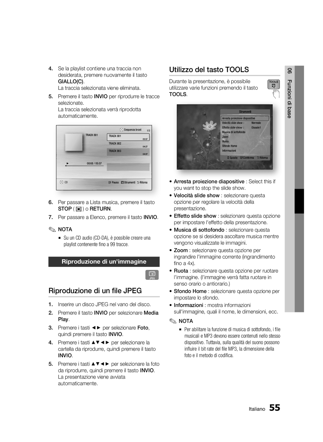 Samsung BD-C8900/XEF manual Riproduzione di un file Jpeg, Utilizzo del tasto Tools, Riproduzione di unimmagine 