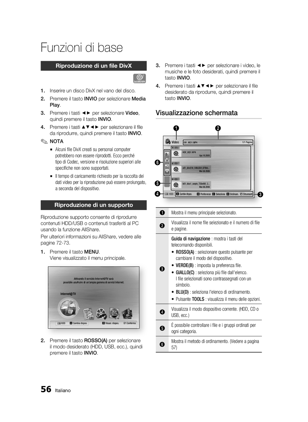 Samsung BD-C8900/XEF manual Visualizzazione schermata, Riproduzione di un file DivX, Riproduzione di un supporto, Video 