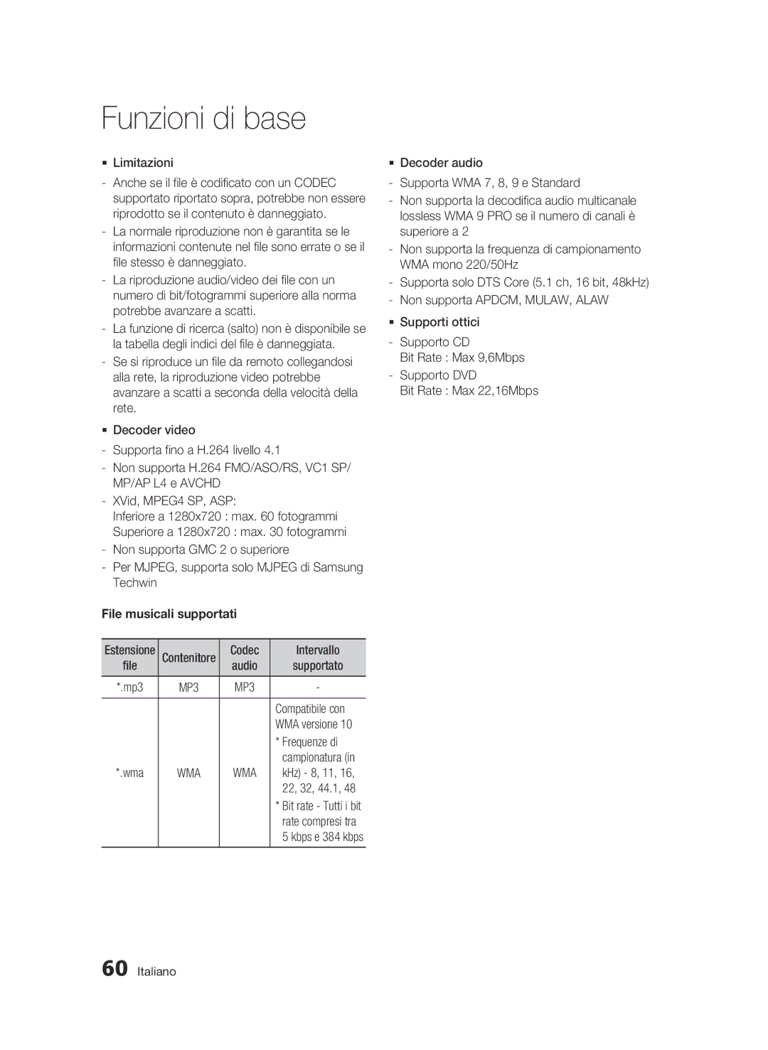 Samsung BD-C8900/XEF manual  Limitazioni, File musicali supportati, Compatibile con, Frequenze di 