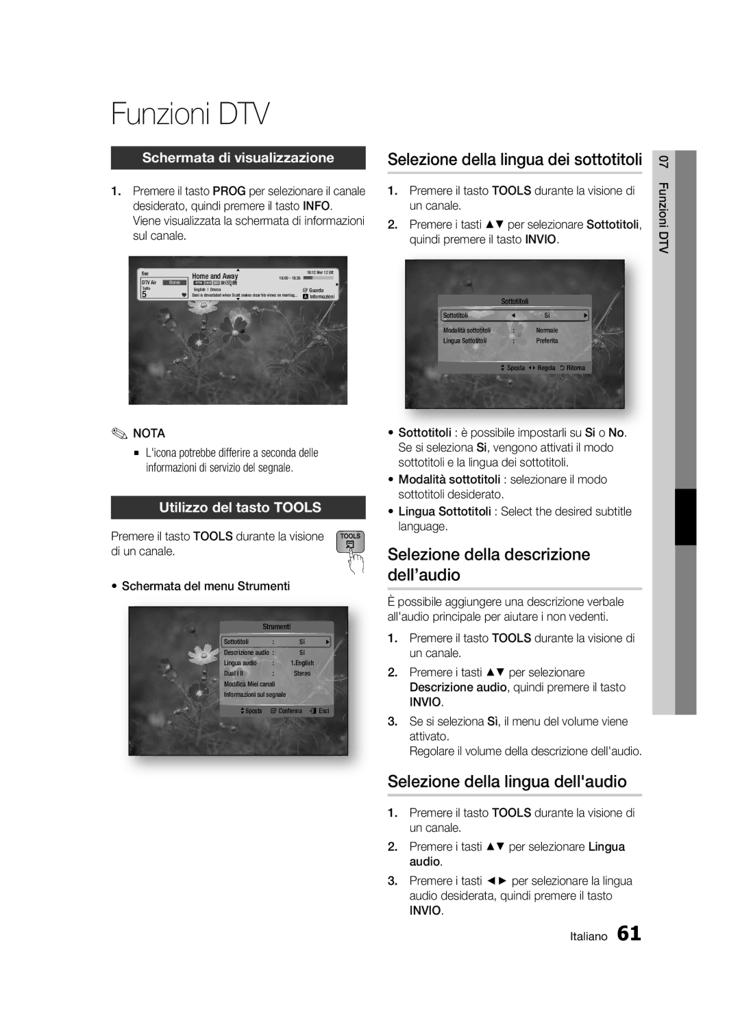 Samsung BD-C8900/XEF manual Funzioni DTV, Selezione della descrizione dell’audio, Schermata di visualizzazione 