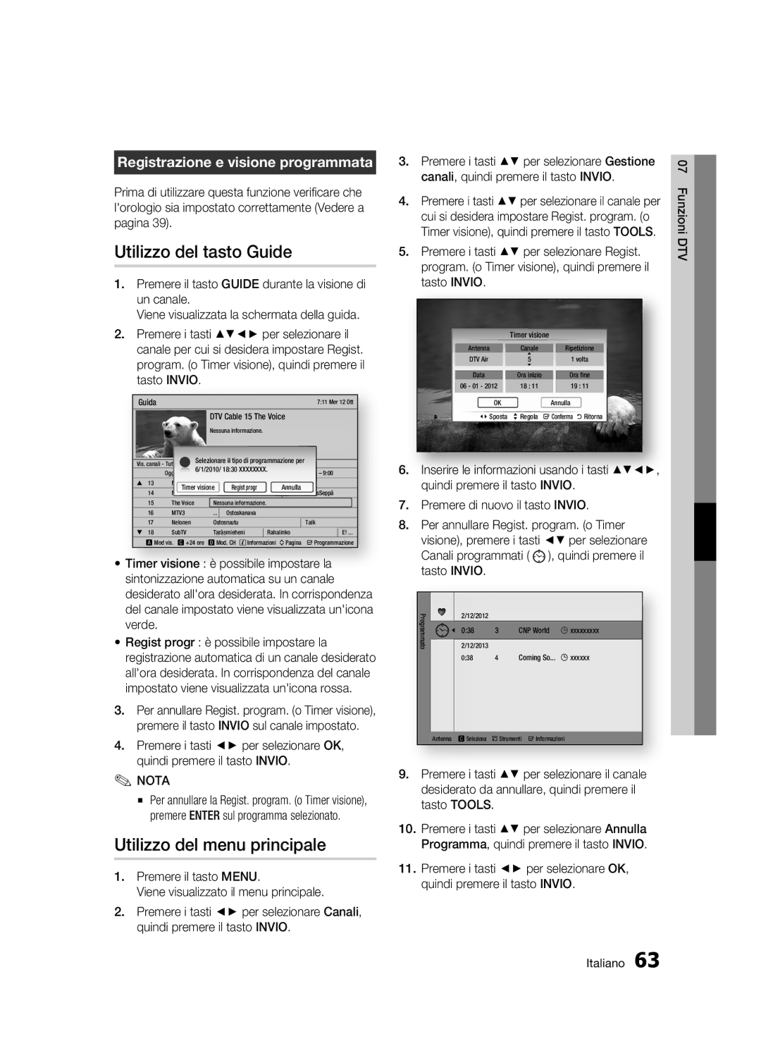 Samsung BD-C8900/XEF manual Utilizzo del tasto Guide, Utilizzo del menu principale, Registrazione e visione programmata 