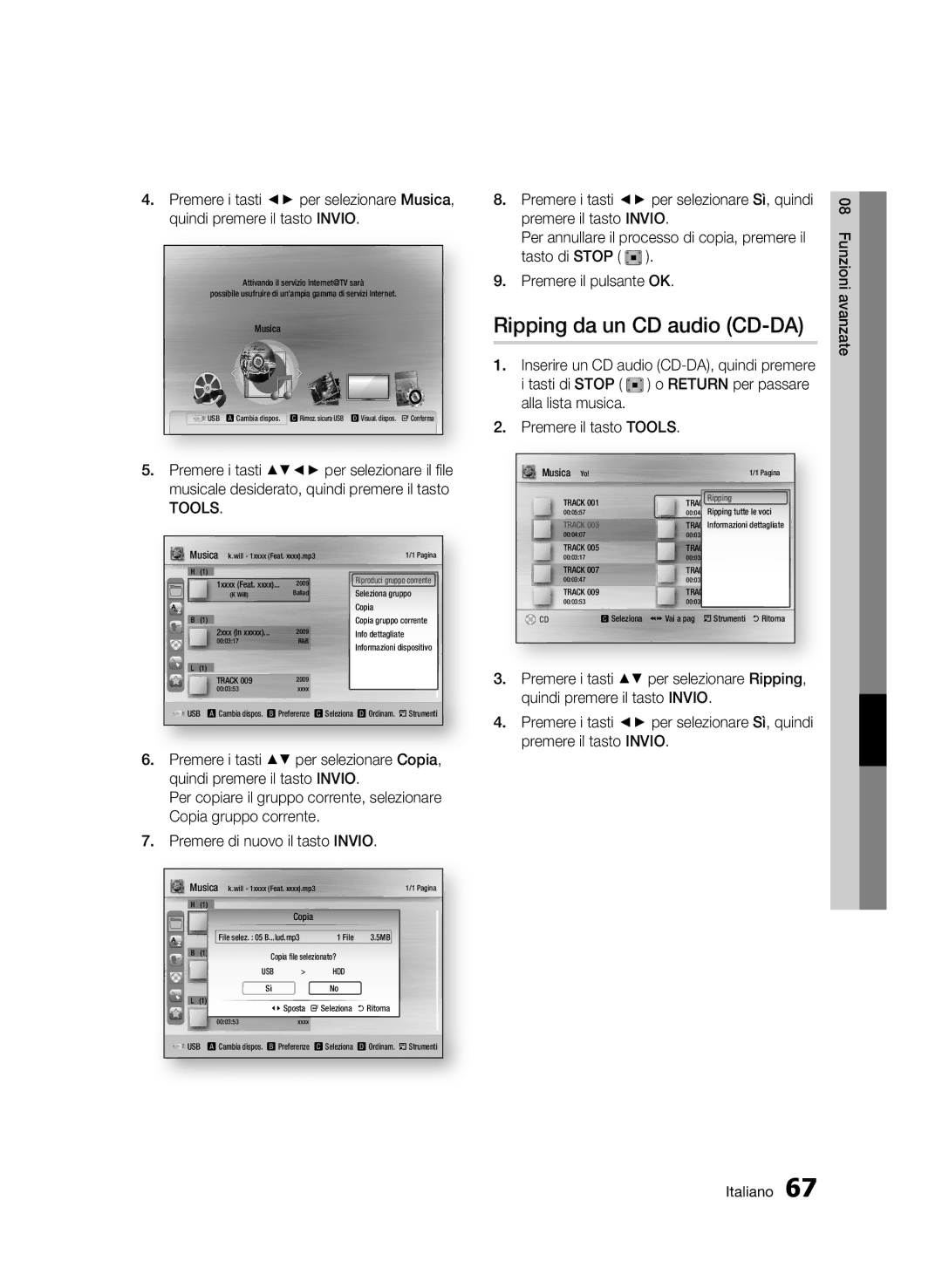 Samsung BD-C8900/XEF manual Ripping da un CD audio CD-DA, Quindi premere il tasto Invio, Premere il tasto Invio 