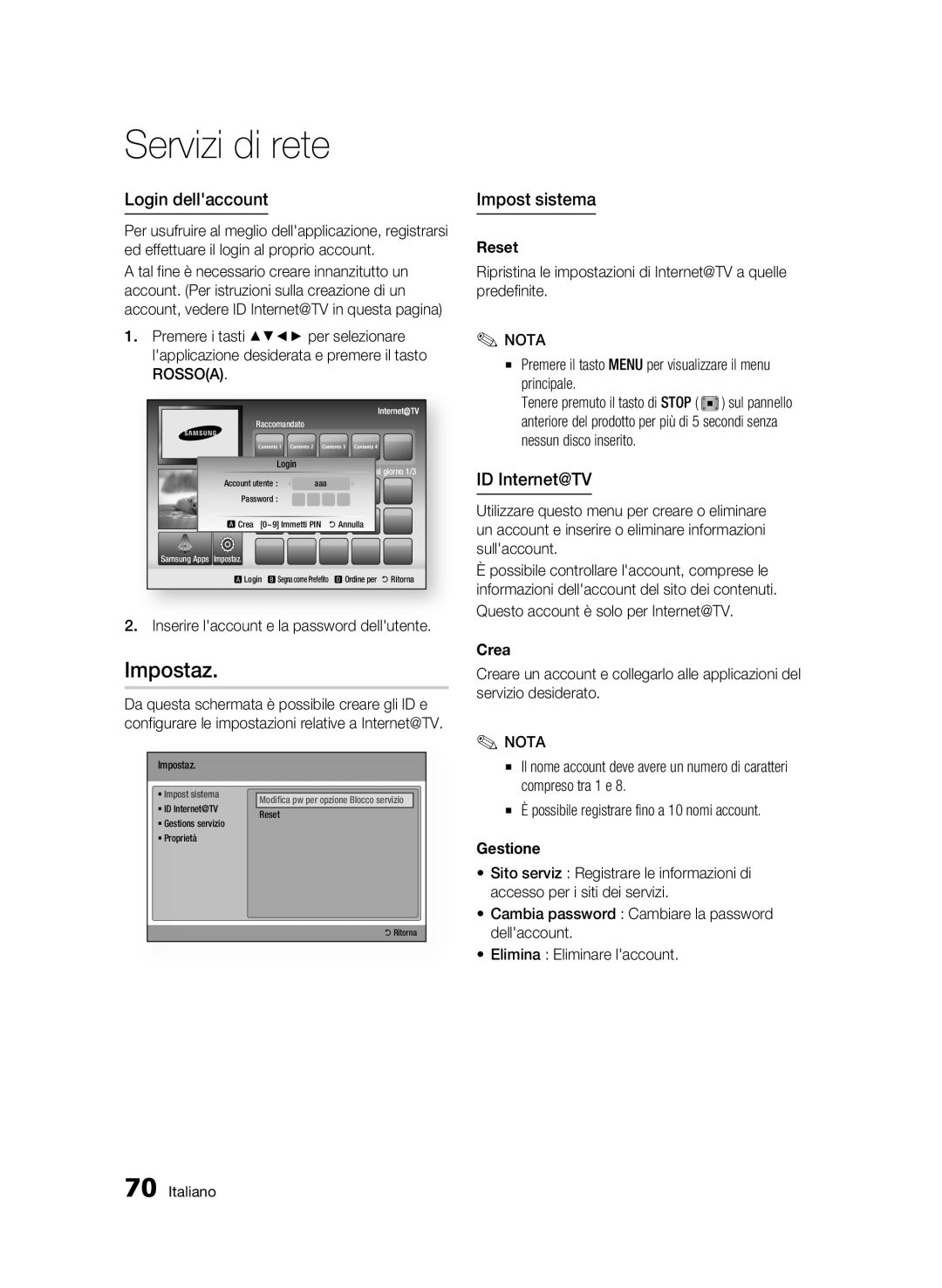 Samsung BD-C8900/XEF manual Impostaz, Login dellaccount, Impost sistema, ID Internet@TV 