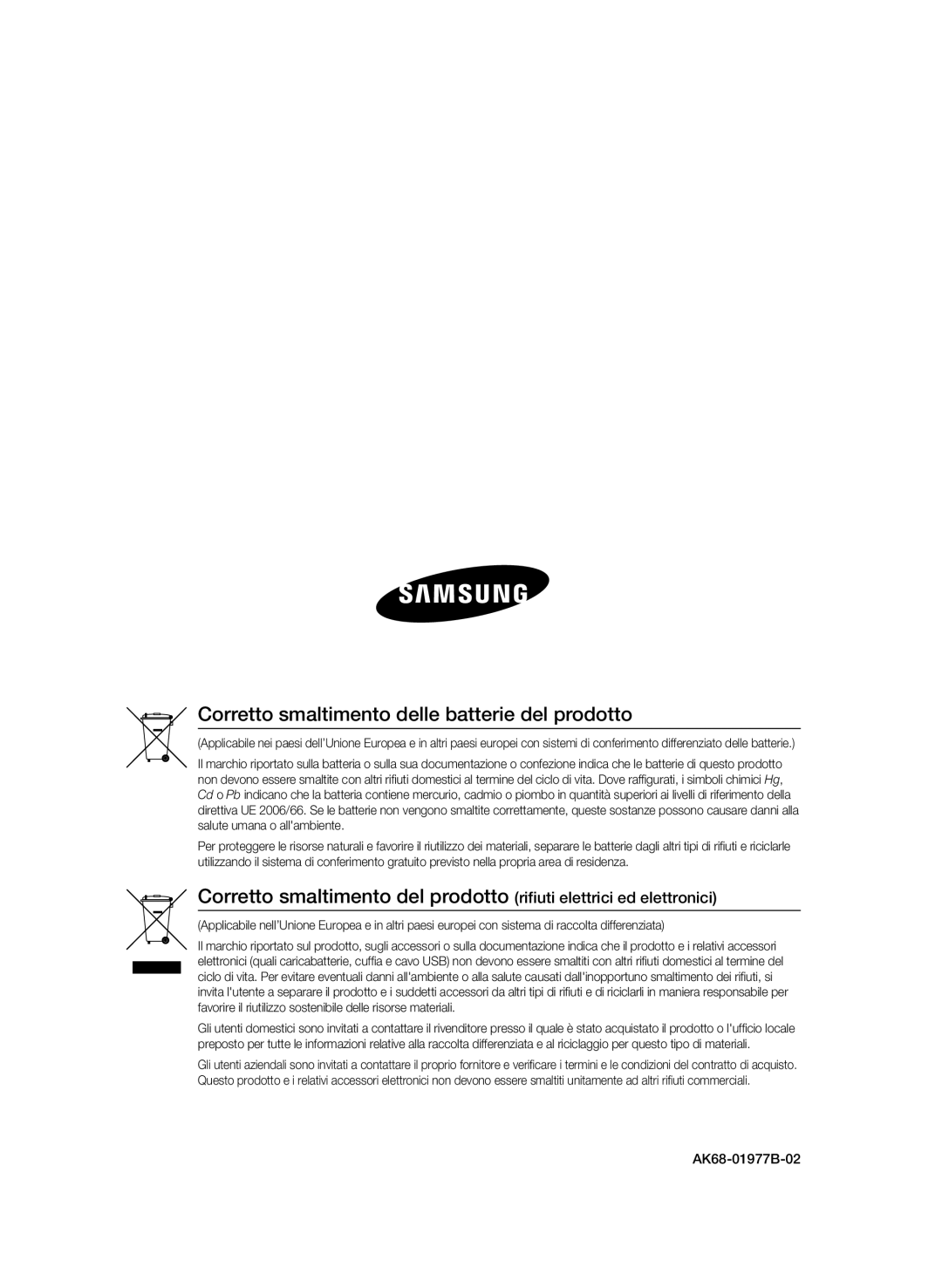 Samsung BD-C8900/XEF manual Corretto smaltimento delle batterie del prodotto, AK68-01977B-02 