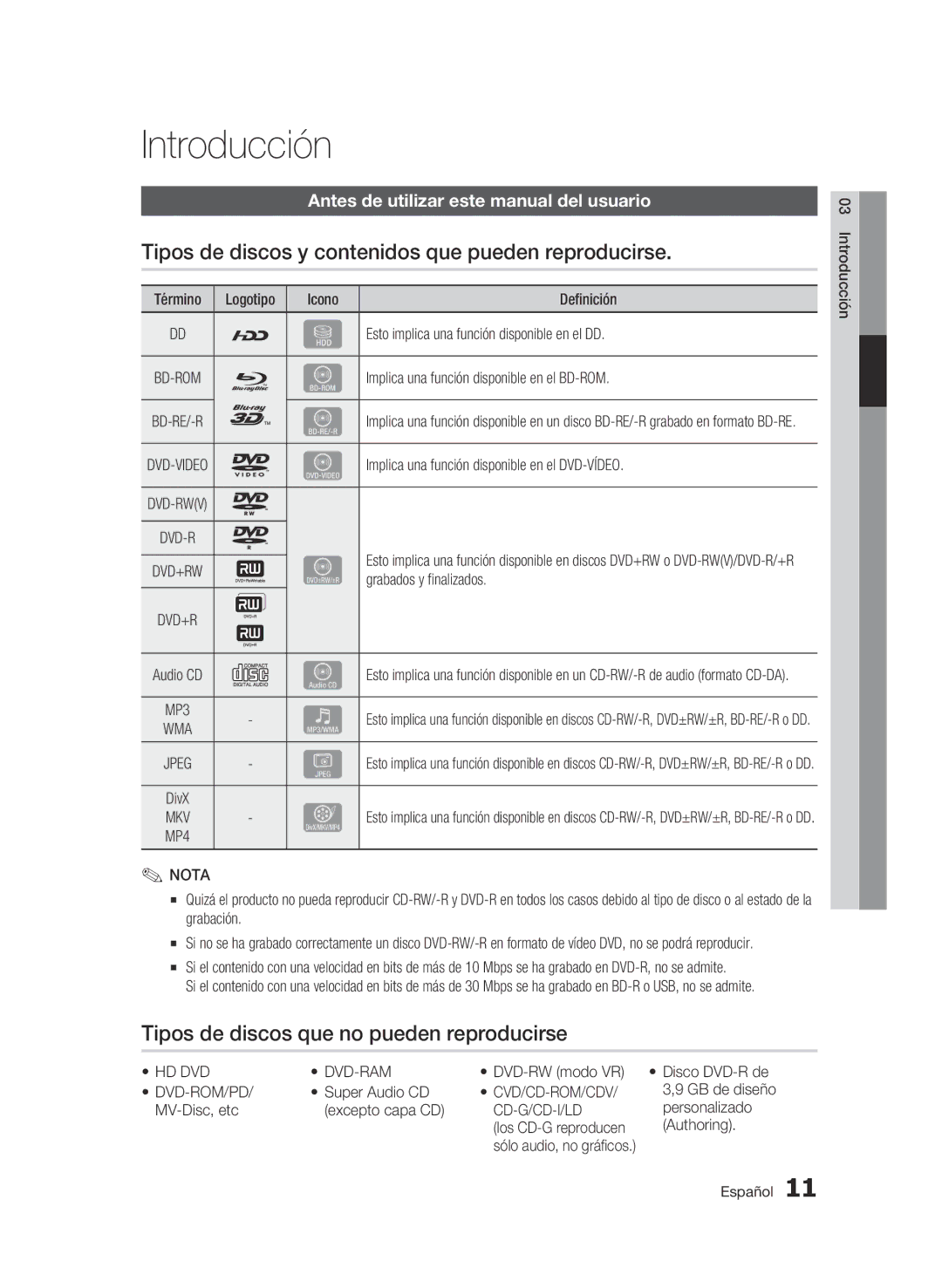 Samsung BD-C8900/XEF manual Introducción, Tipos de discos y contenidos que pueden reproducirse 