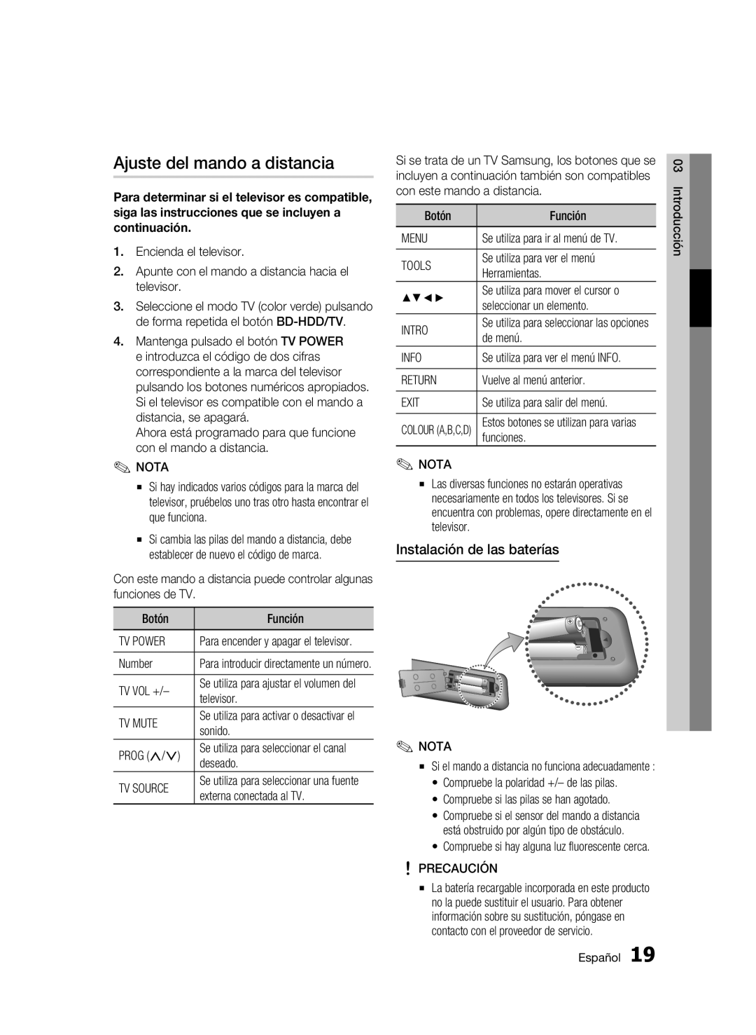 Samsung BD-C8900/XEF manual Ajuste del mando a distancia, Instalación de las baterías 