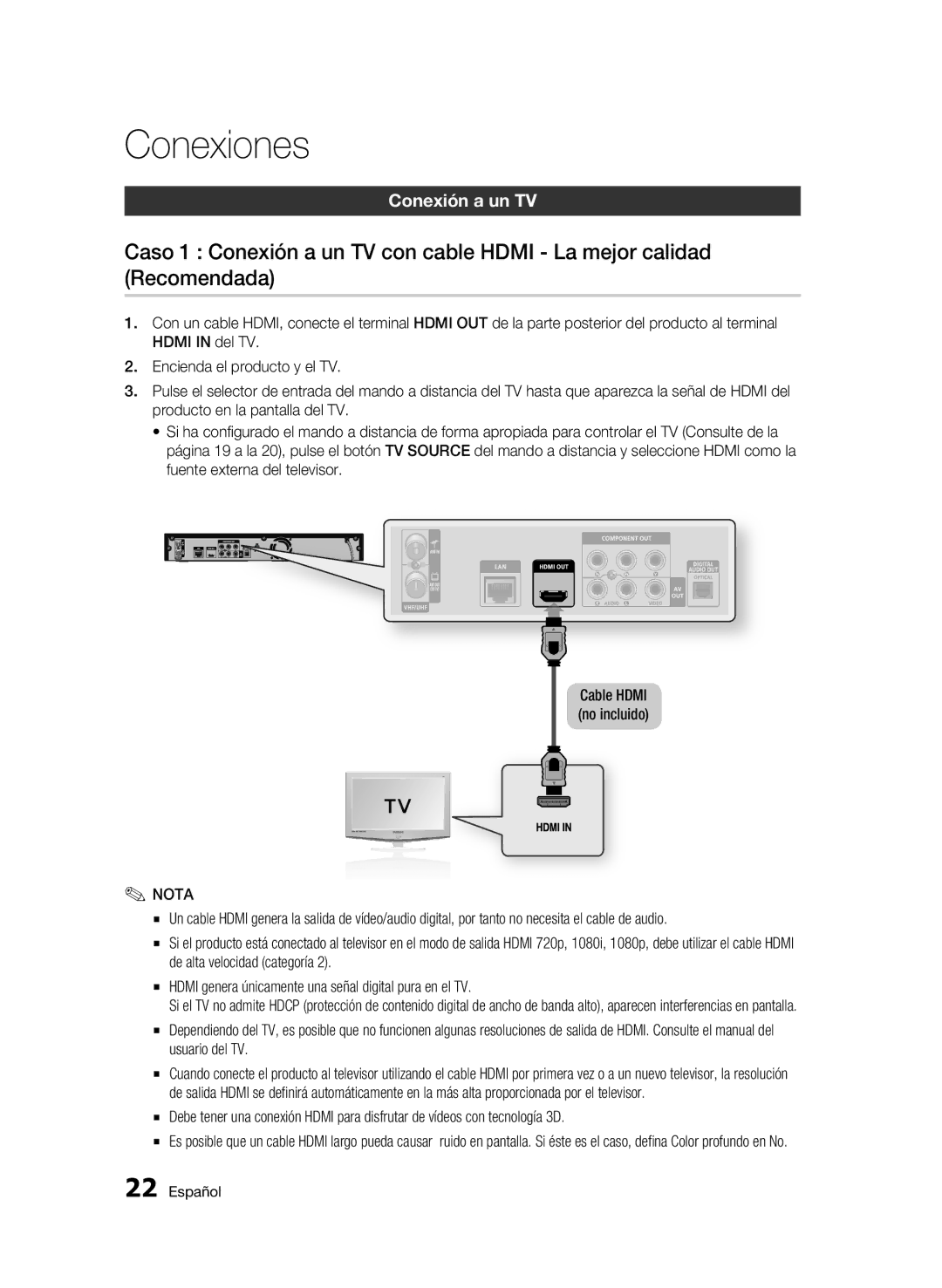 Samsung BD-C8900/XEF manual Conexión a un TV, Cable Hdmi no incluido 