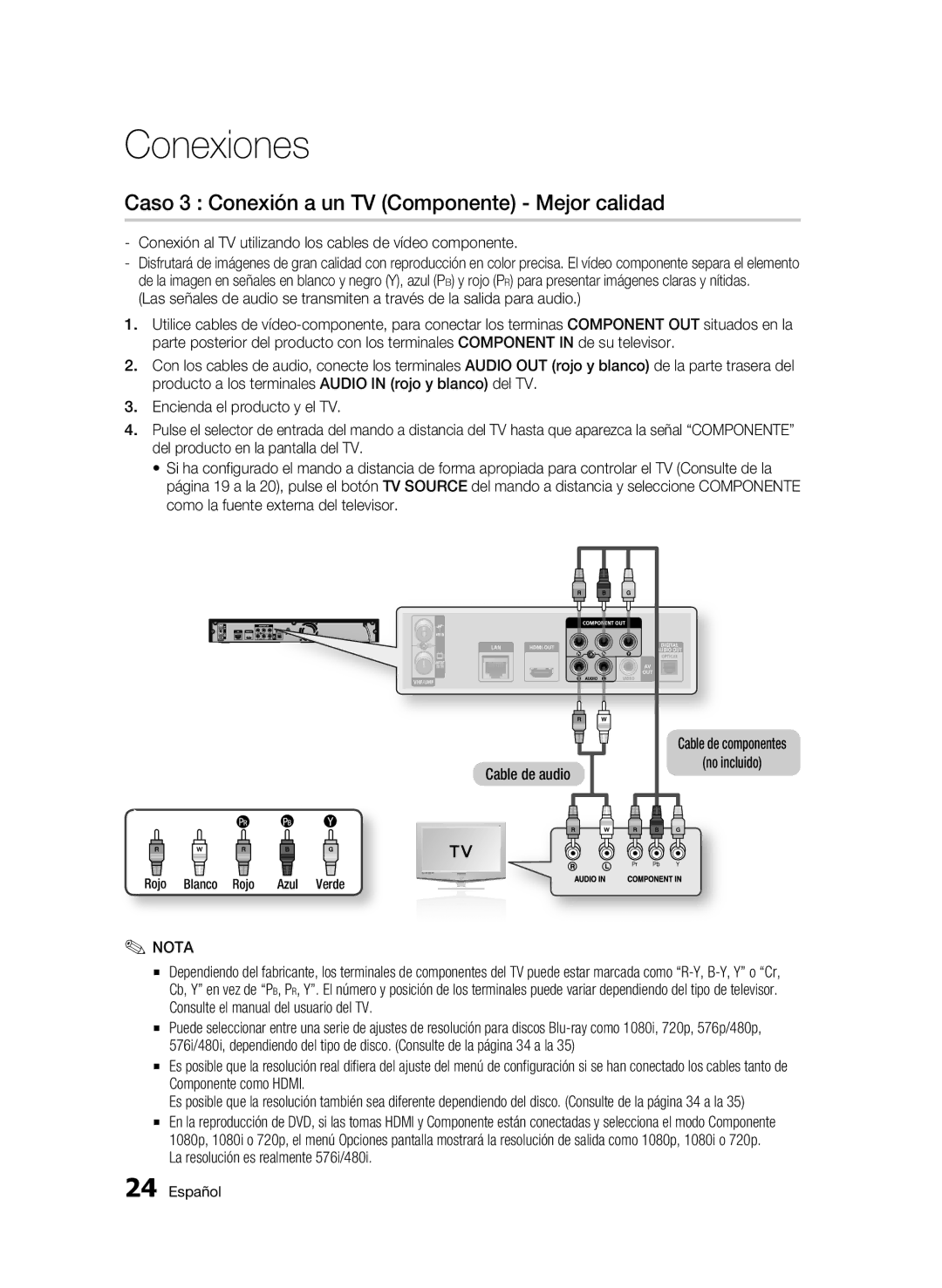 Samsung BD-C8900/XEF manual Caso 3 Conexión a un TV Componente Mejor calidad, Rojo Blanco Rojo Azul Verde 