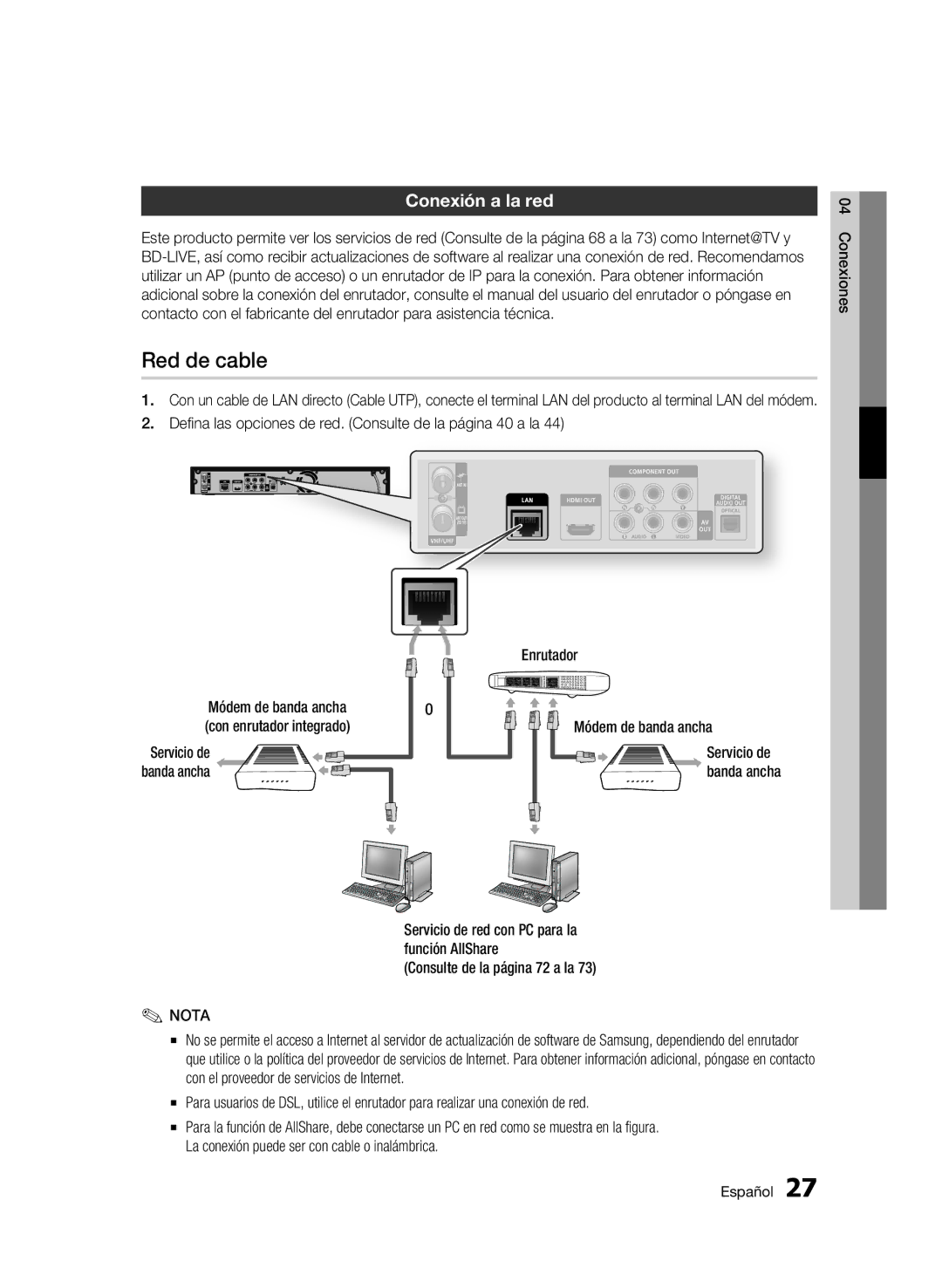 Samsung BD-C8900/XEF manual Red de cable, Conexión a la red, Servicio de 