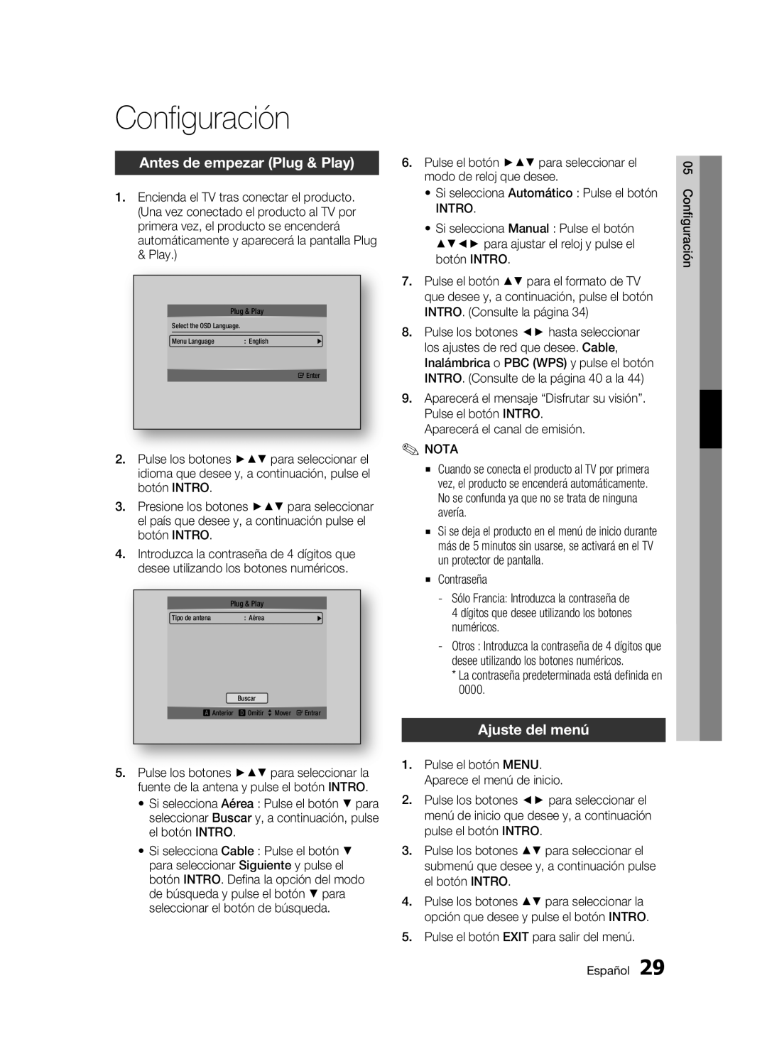 Samsung BD-C8900/XEF manual Configuración, Antes de empezar Plug & Play, Ajuste del menú 