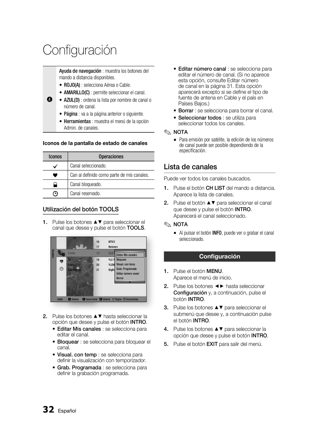 Samsung BD-C8900/XEF manual Lista de canales, Utilización del botón Tools, Configuración 