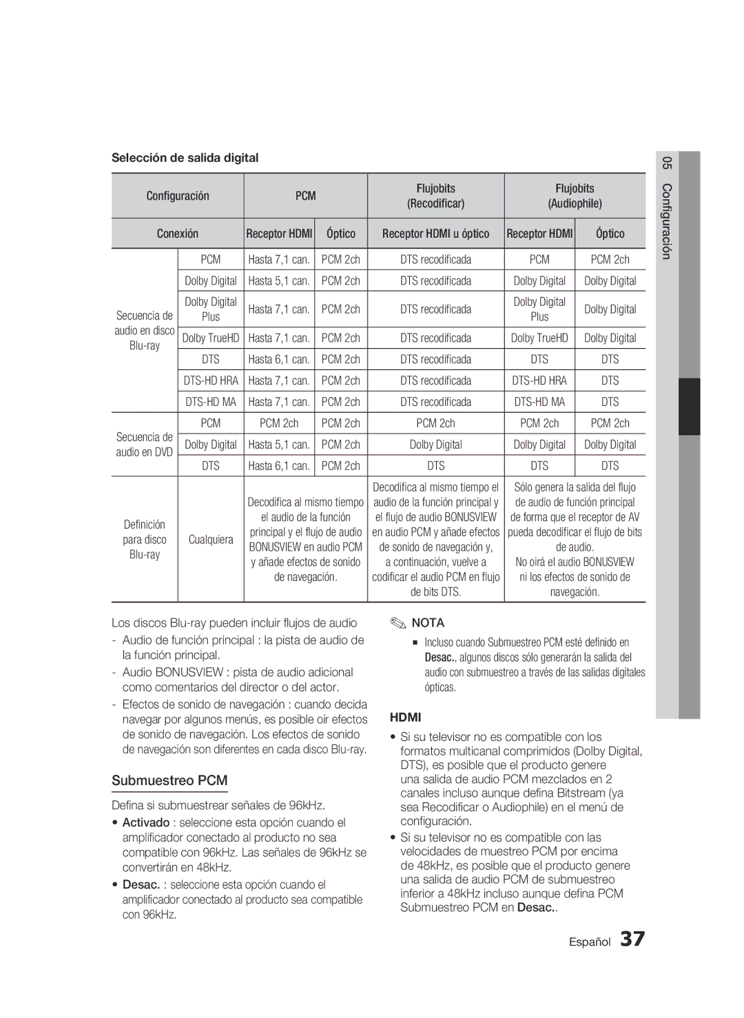 Samsung BD-C8900/XEF manual Submuestreo PCM, Selección de salida digital 