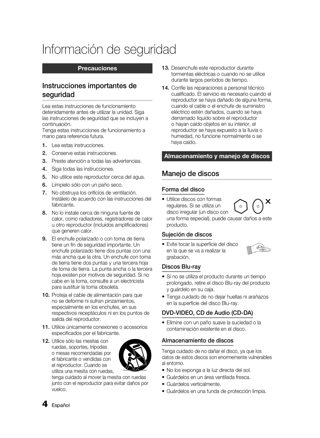 Samsung BD-C8900/XEF manual Instrucciones importantes de seguridad, Manejo de discos, Precauciones 