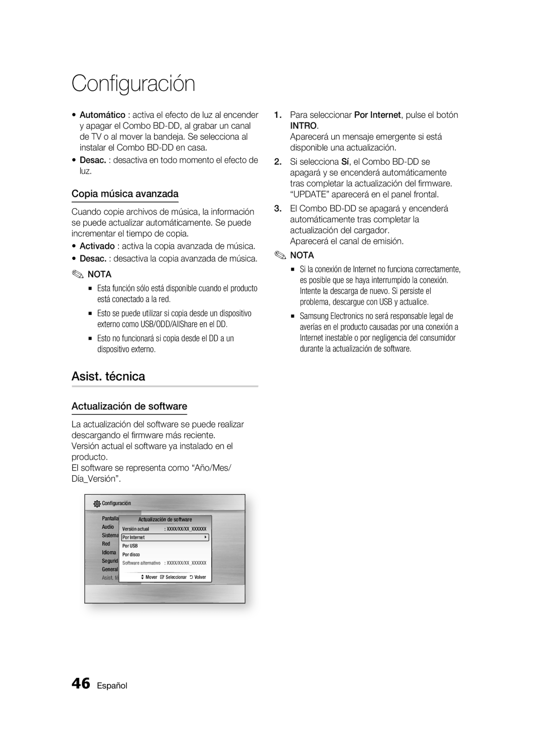 Samsung BD-C8900/XEF manual Asist. técnica, Copia música avanzada, Actualización de software 