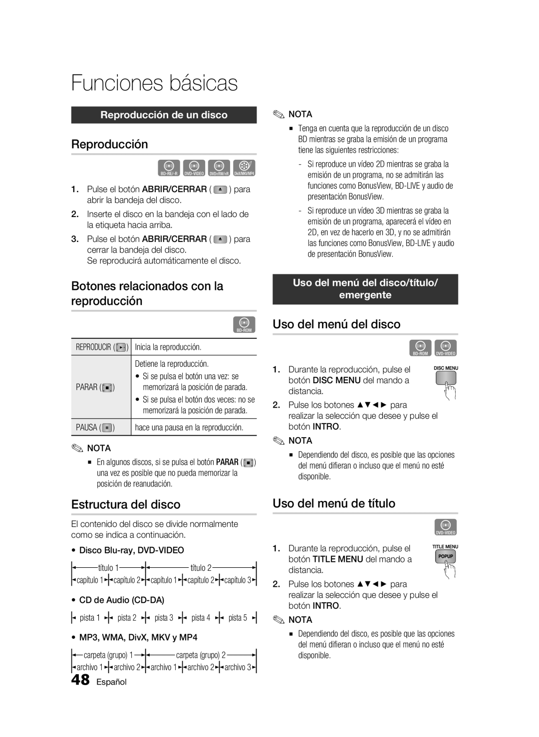 Samsung BD-C8900/XEF manual Funciones básicas 