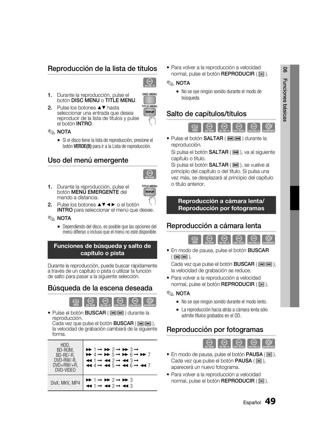 Samsung BD-C8900/XEF manual Reproducción de la lista de títulos, Uso del menú emergente, Búsqueda de la escena deseada 