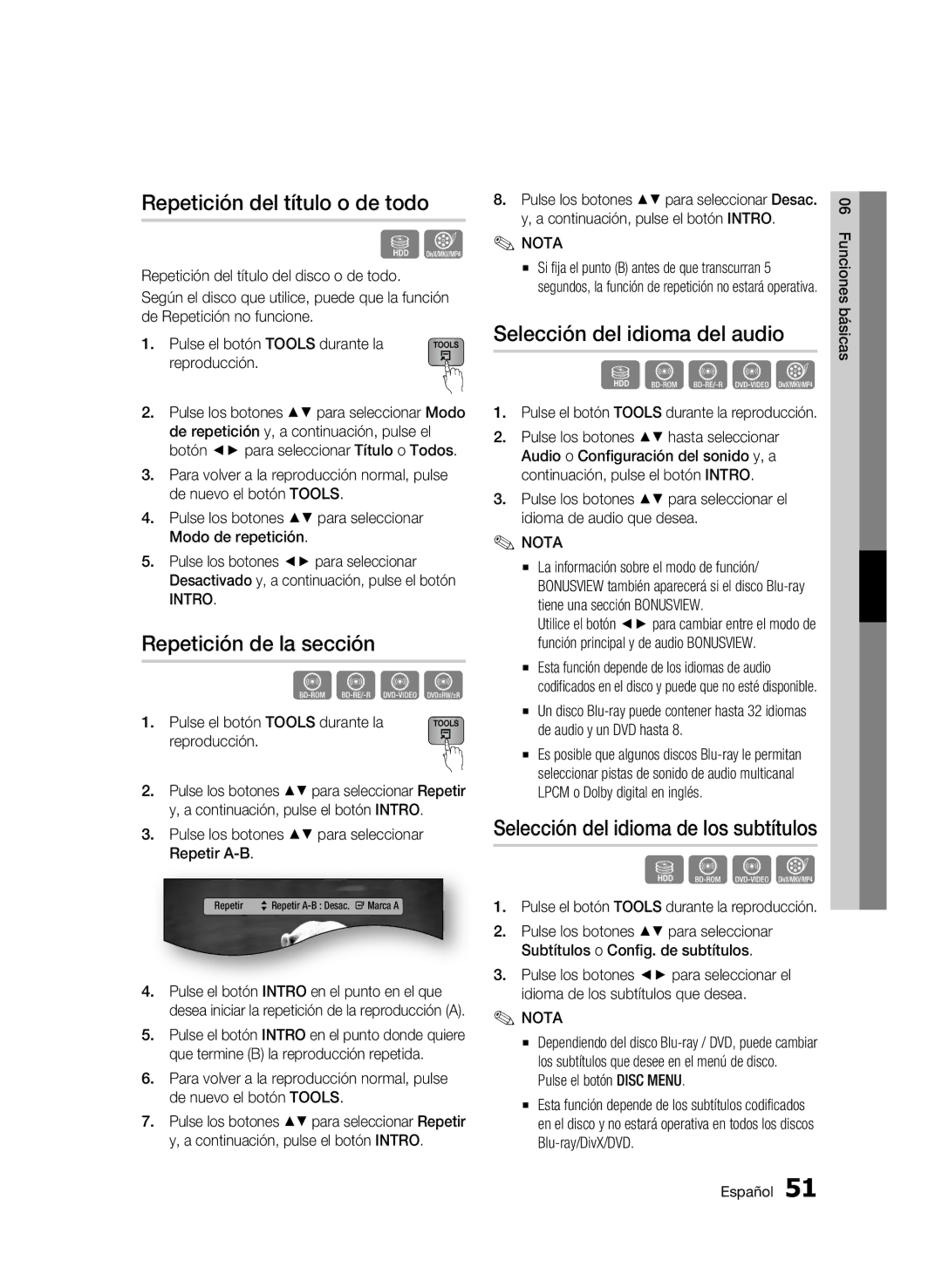 Samsung BD-C8900/XEF manual Repetición del título o de todo, Repetición de la sección, Selección del idioma del audio 