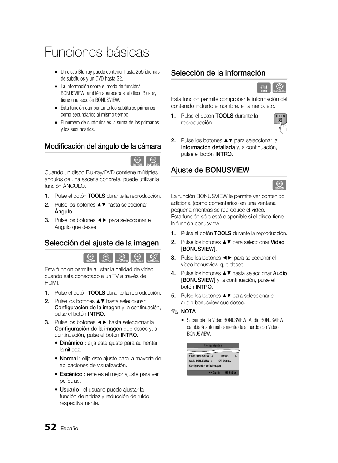 Samsung BD-C8900/XEF Modificación del ángulo de la cámara, Selección del ajuste de la imagen, Selección de la información 