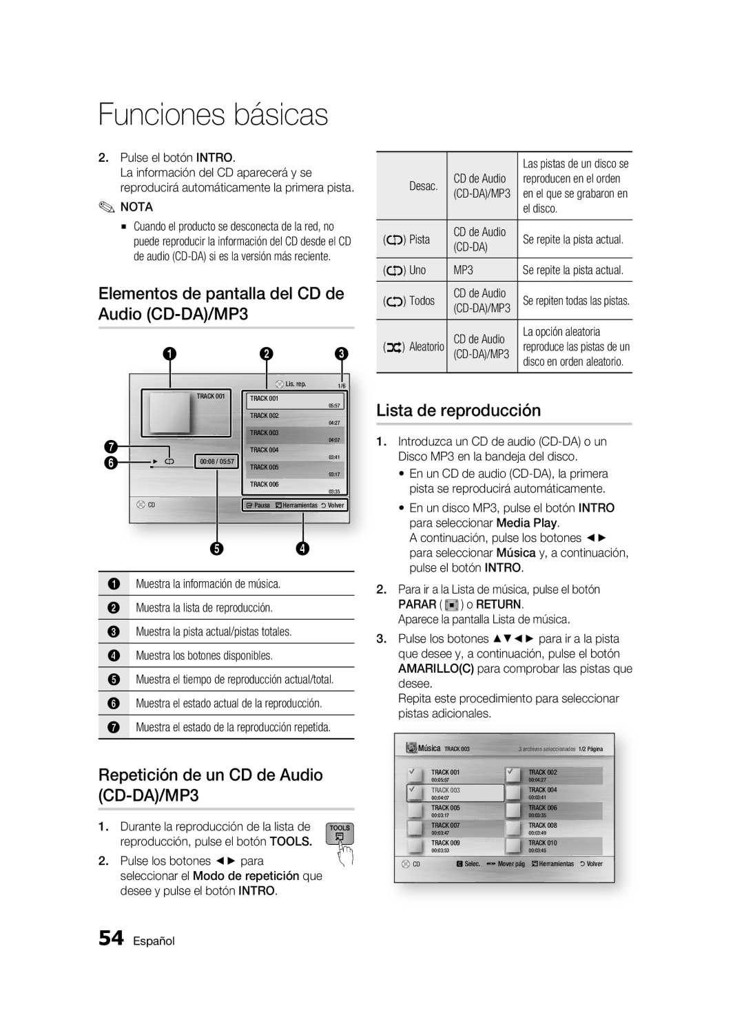 Samsung BD-C8900/XEF manual Elementos de pantalla del CD de Audio CD-DA/MP3, Repetición de un CD de Audio CD-DA/MP3, Cd-Da 