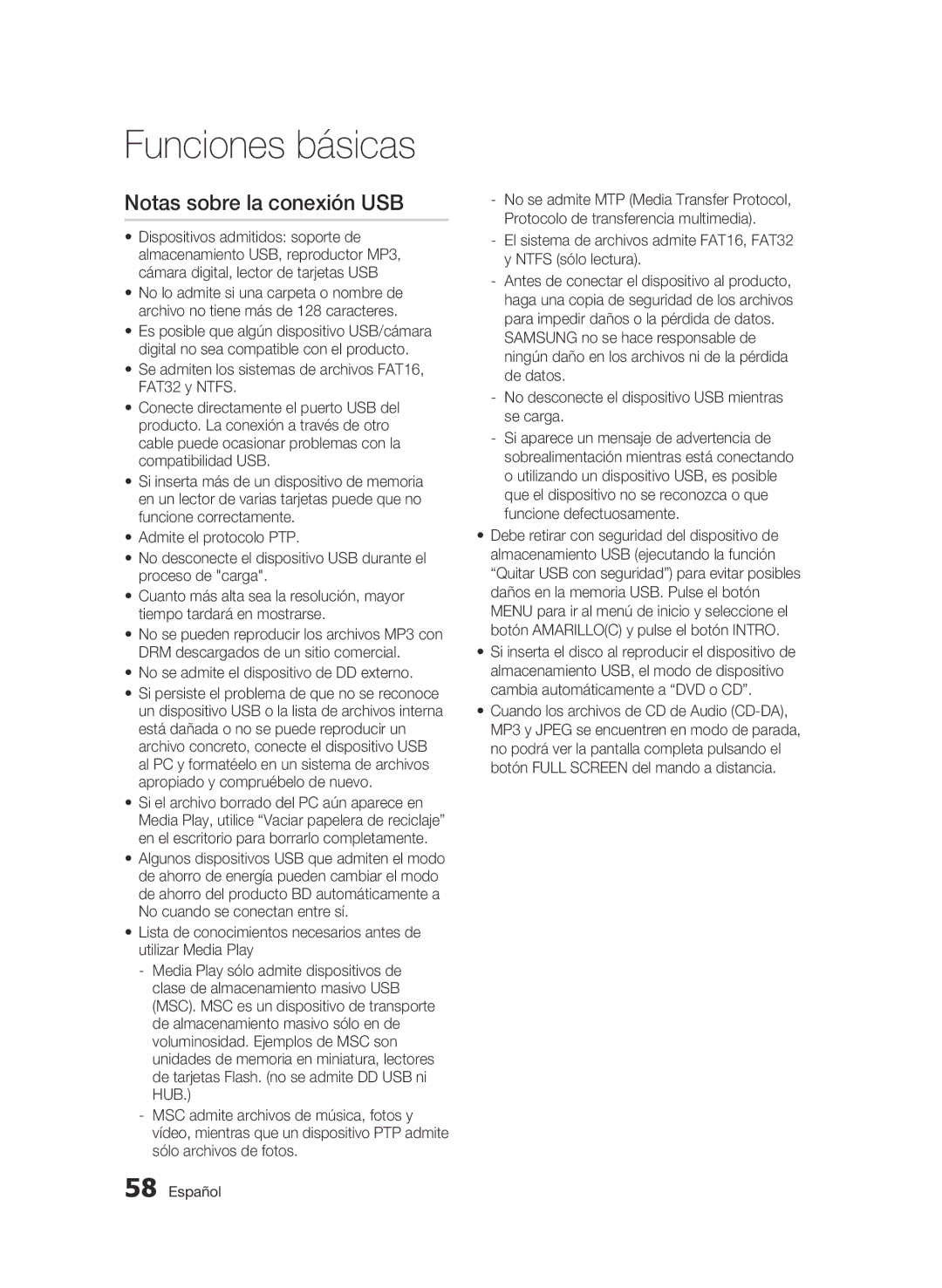 Samsung BD-C8900/XEF manual Notas sobre la conexión USB, No se admite el dispositivo de DD externo 