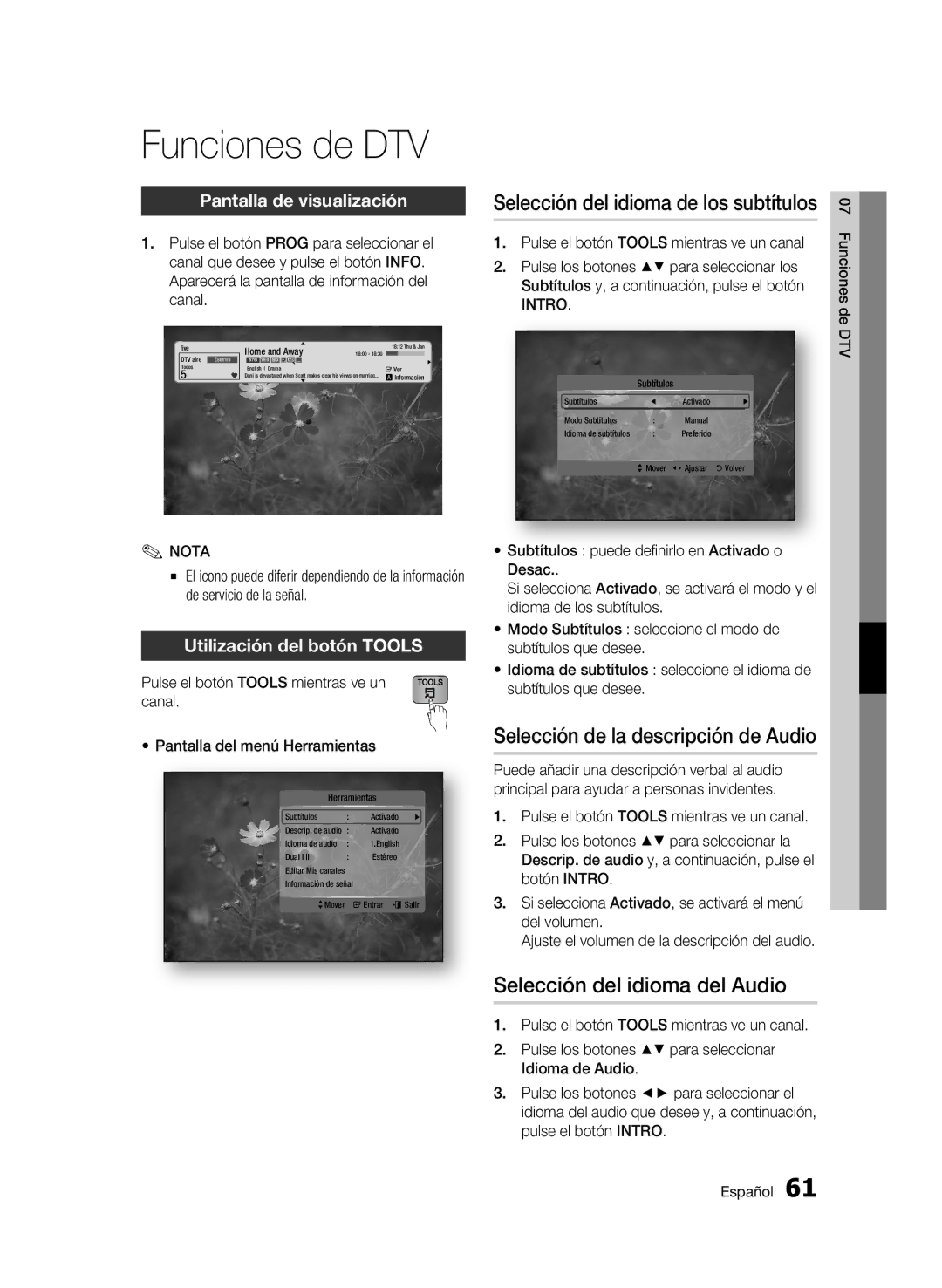 Samsung BD-C8900/XEF manual Funciones de DTV, Selección de la descripción de Audio, Pantalla de visualización 