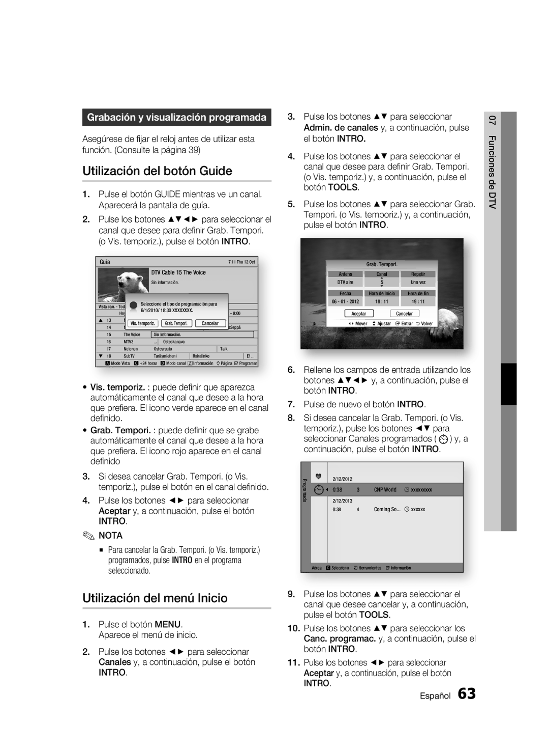 Samsung BD-C8900/XEF manual Utilización del botón Guide, Utilización del menú Inicio, Grabación y visualización programada 