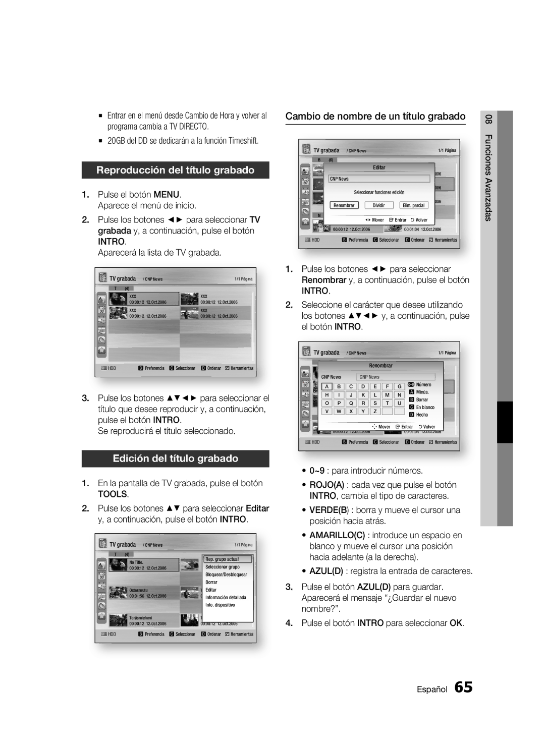 Samsung BD-C8900/XEF Reproducción del título grabado, Edición del título grabado, Cambio de nombre de un título grabado 