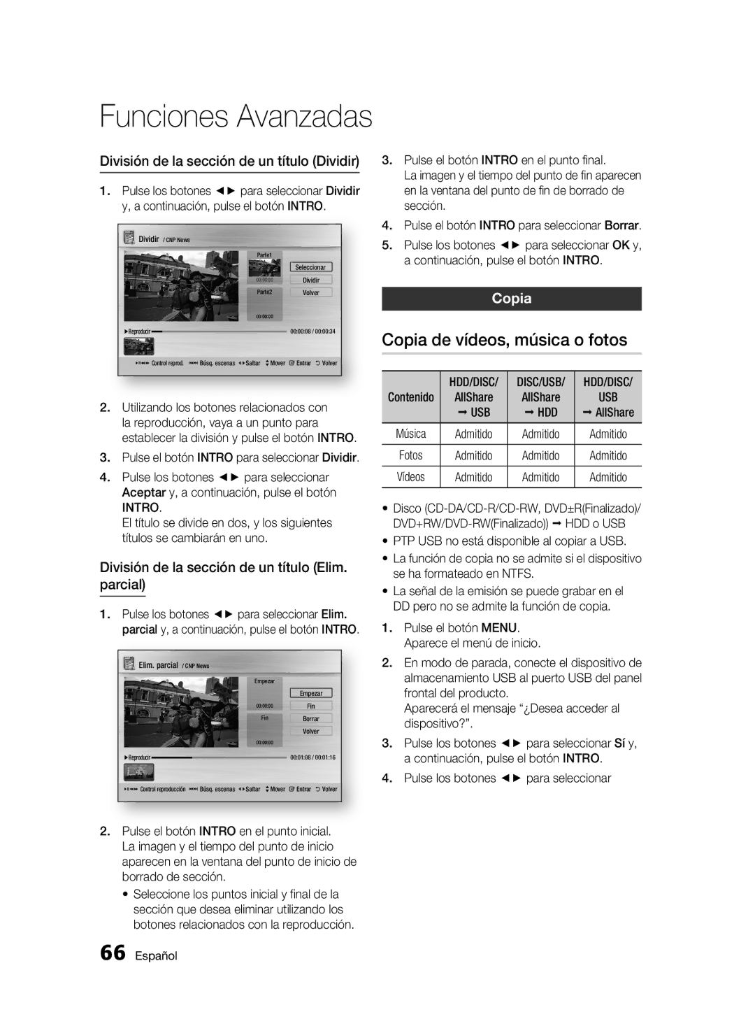 Samsung BD-C8900/XEF manual Copia de vídeos, música o fotos, División de la sección de un título Dividir, Usb Hdd 