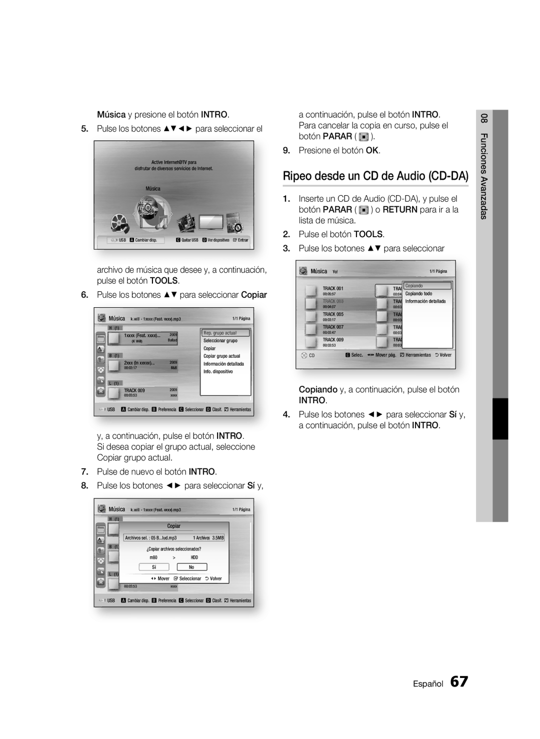 Samsung BD-C8900/XEF manual Música y presione el botón Intro, Pulse los botones para seleccionar Copiar 