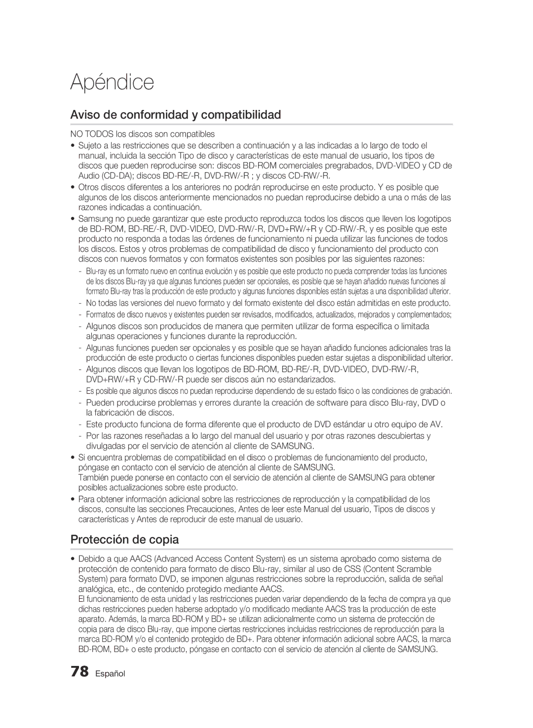 Samsung BD-C8900/XEF manual Aviso de conformidad y compatibilidad, Protección de copia 