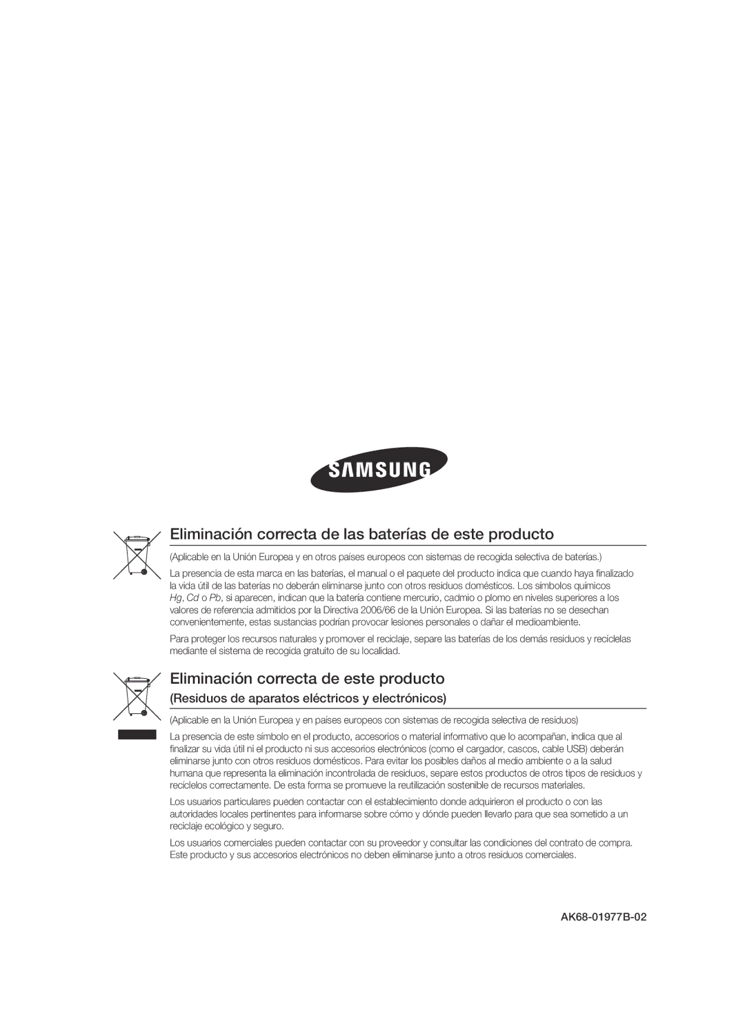 Samsung BD-C8900/XEF manual Eliminación correcta de las baterías de este producto, AK68-01977B-02 