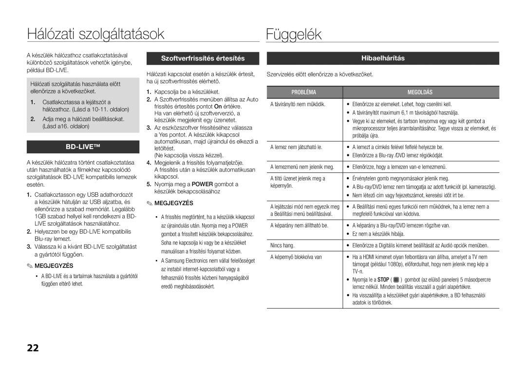 Samsung BD-D5100/ZF, BD-D5100/EN, BD-D5100/XE Hálózati szolgáltatások Függelék, Szoftverfrissítés értesítés, Hibaelhárítás 