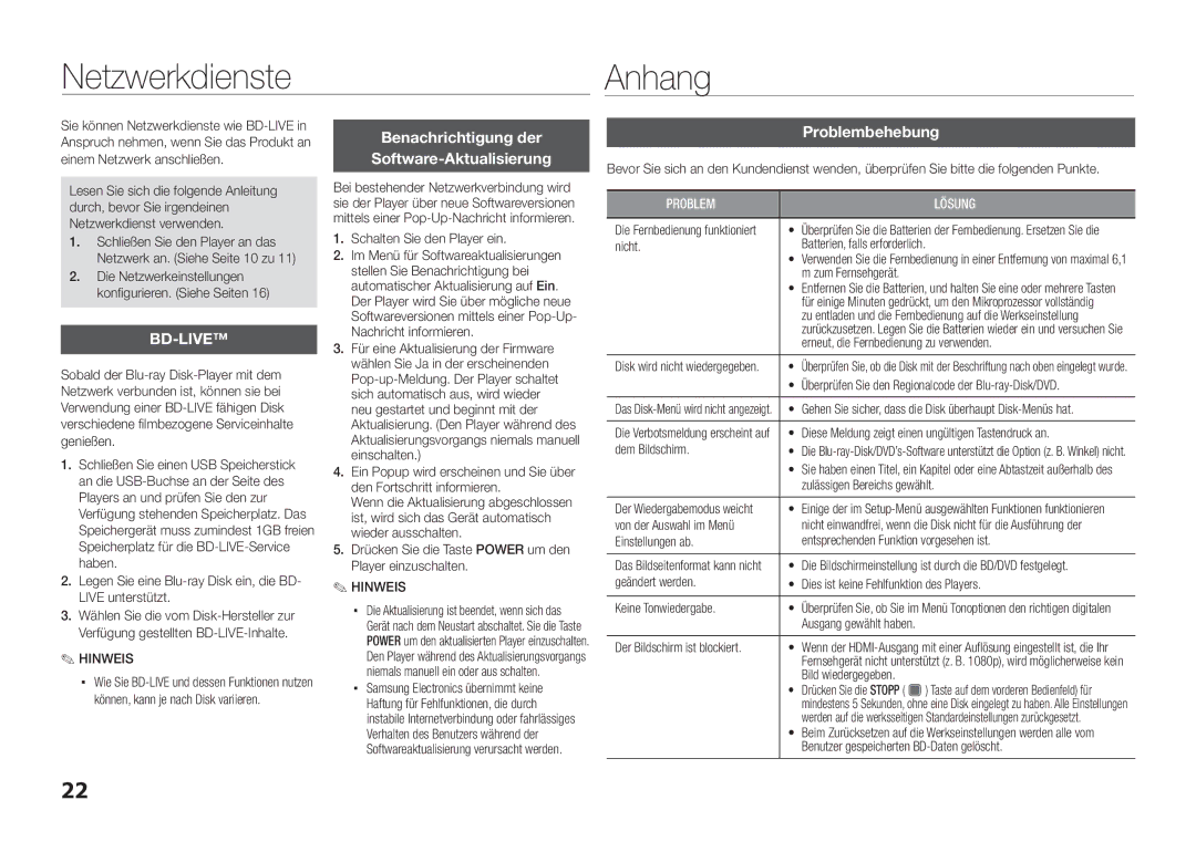 Samsung BD-D5100/ZF, BD-D5100/EN manual NetzwerkdiensteAnhang, Benachrichtigung der Software-Aktualisierung, Problembehebung 