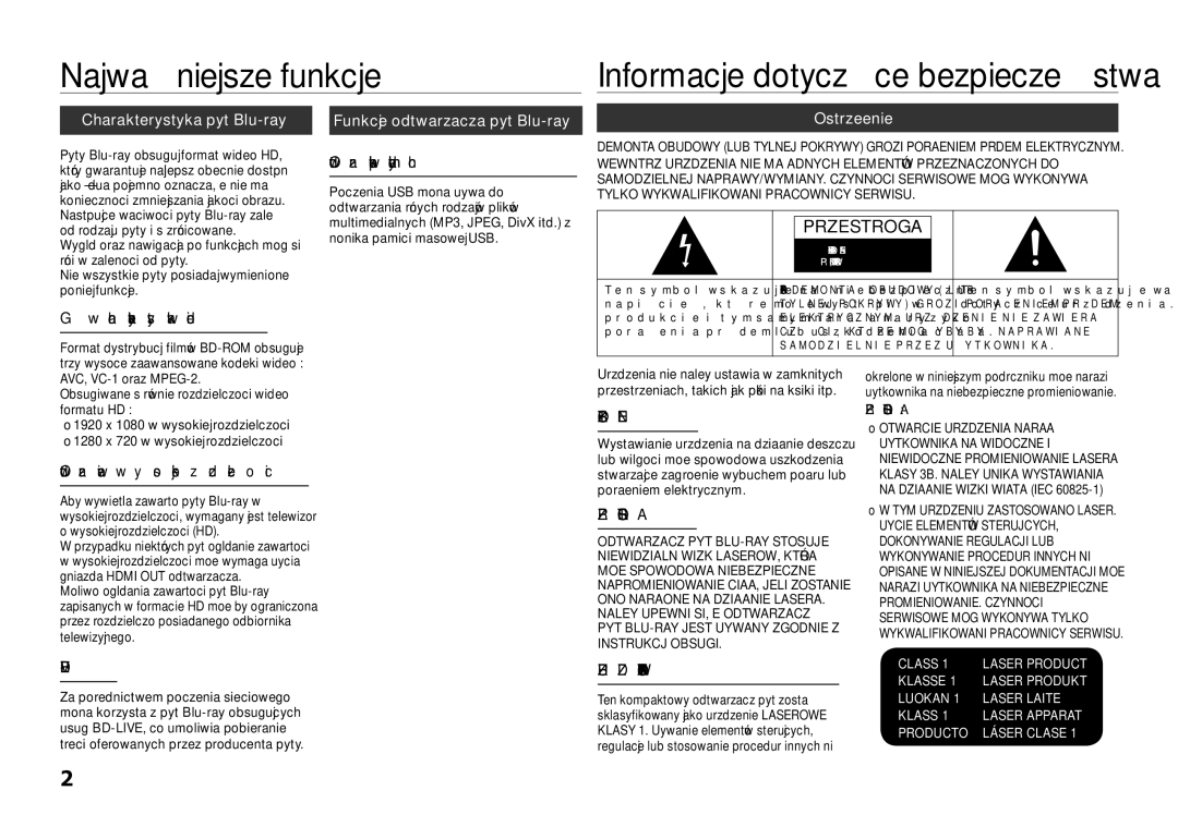 Samsung BD-D5100/ZF Najważniejsze funkcje, Charakterystyka płyt Blu-ray, Funkcje odtwarzacza płyt Blu-ray, Ostrzeżenie 