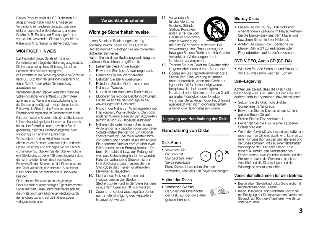 Samsung BD-D5100/EN, BD-D5100/ZF Wichtige Sicherheitshinweise, Handhabung von Disks, Wichtiger Hinweis, Vorsichtsmaßnahmen 