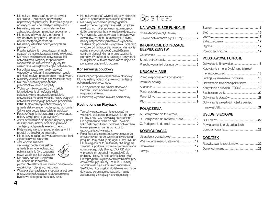 Samsung BD-D5100/EN, BD-D5100/ZF, BD-D5100/XE manual Spis treści 