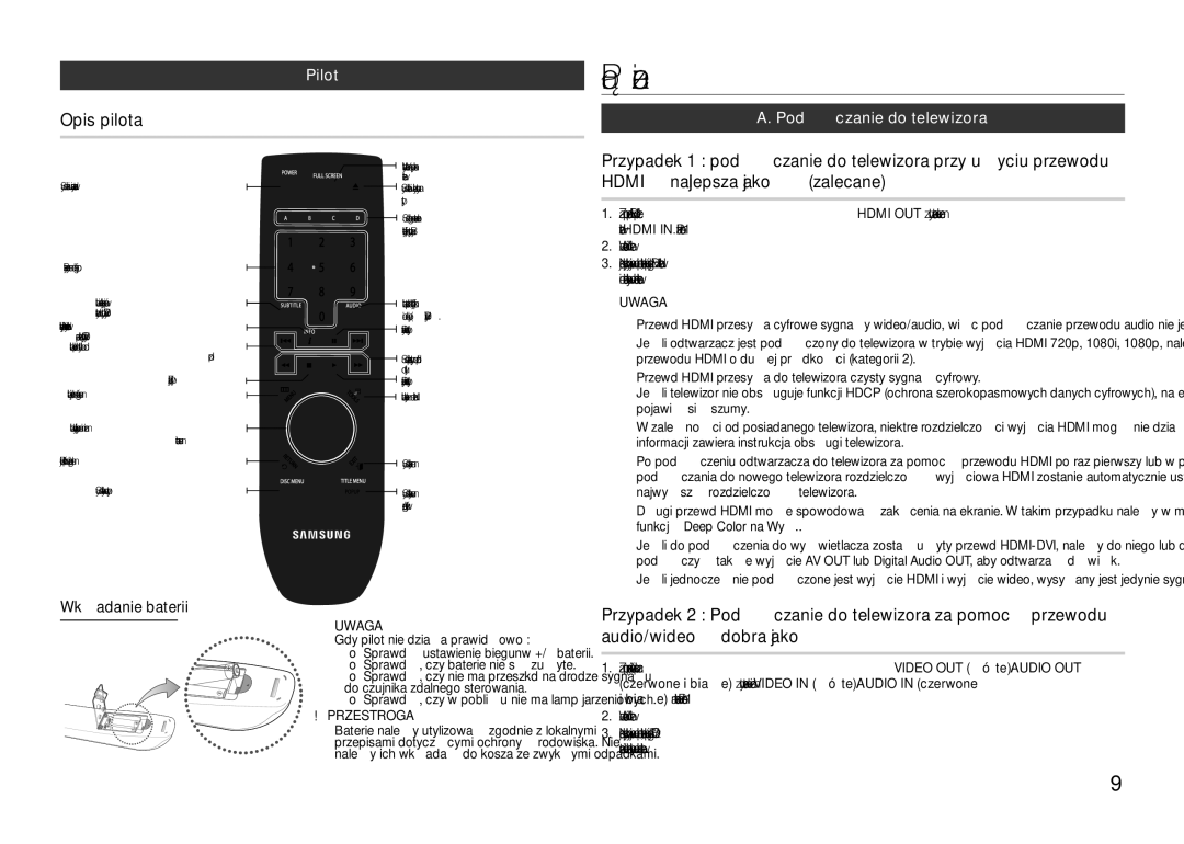 Samsung BD-D5100/XE, BD-D5100/EN, BD-D5100/ZF Połączenia, Opis pilota, Pilot, Wkładanie baterii, Podłączanie do telewizora 