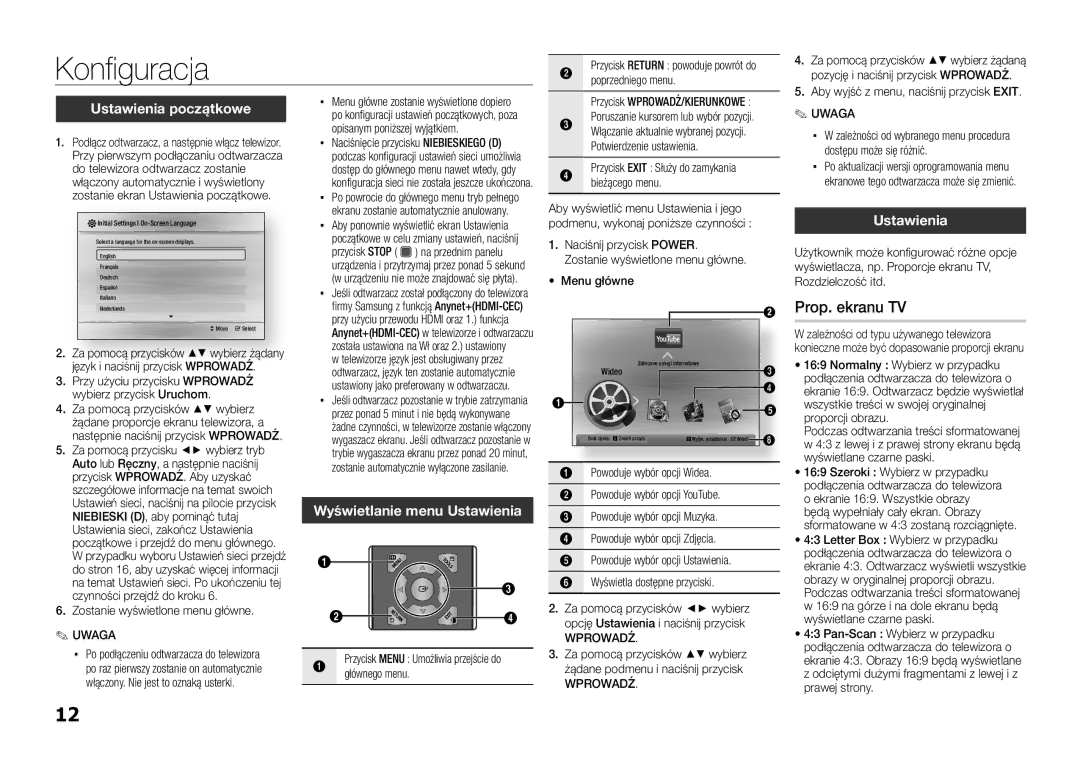 Samsung BD-D5100/XE, BD-D5100/EN manual Konfiguracja, Prop. ekranu TV, Ustawienia początkowe, Wyświetlanie menu Ustawienia 