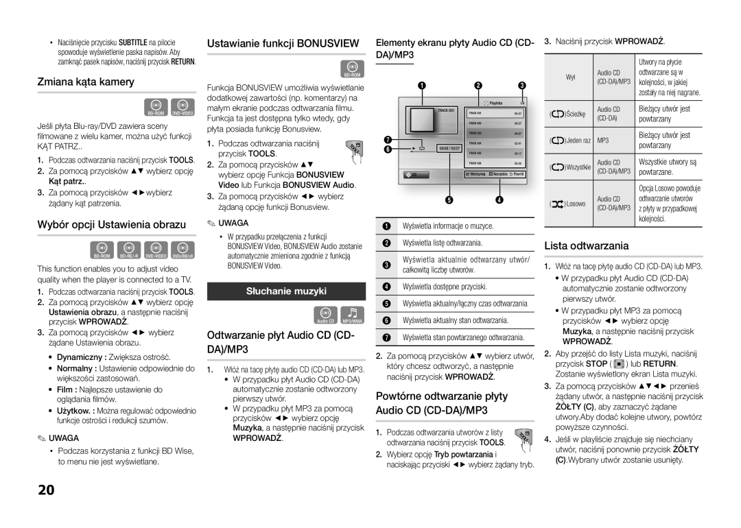 Samsung BD-D5100/ZF Zmiana kąta kamery, Wybór opcji Ustawienia obrazu, Ustawianie funkcji Bonusview, Lista odtwarzania 