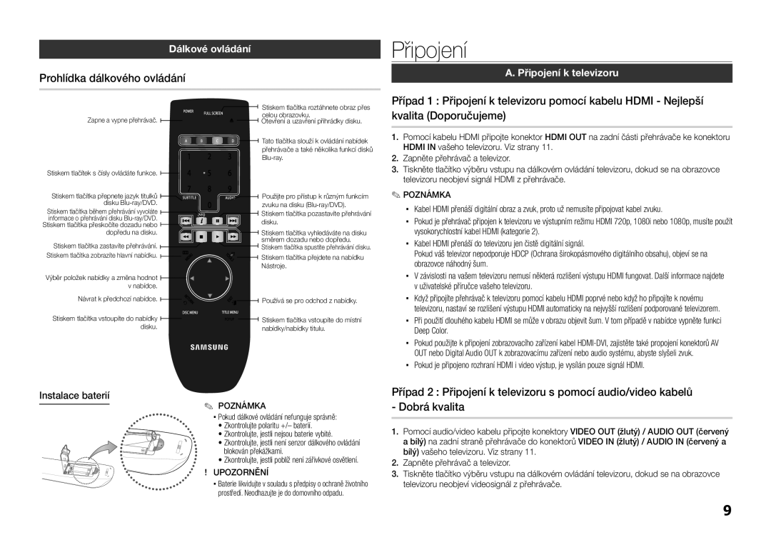 Samsung BD-D5100/ZF manual Prohlídka dálkového ovládání, Dálkové ovládání, Instalace baterií, Připojení k televizoru 