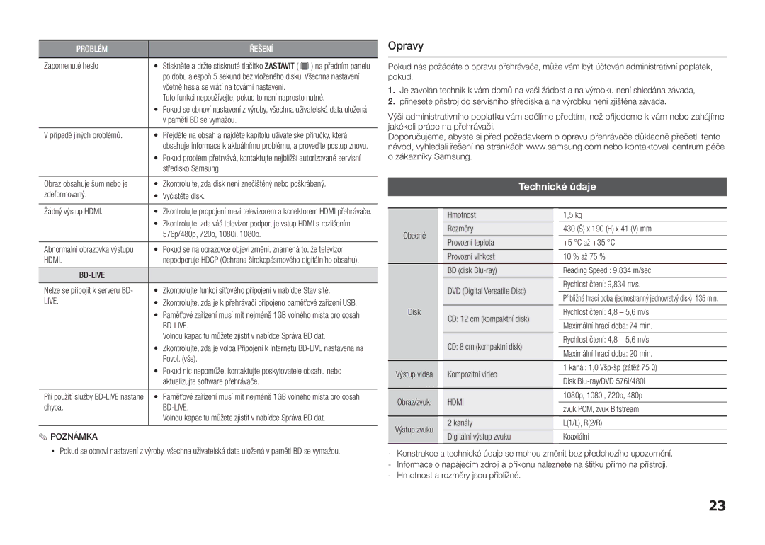 Samsung BD-D5100/EN, BD-D5100/ZF, BD-D5100/XE manual Opravy, Technické údaje, Live 