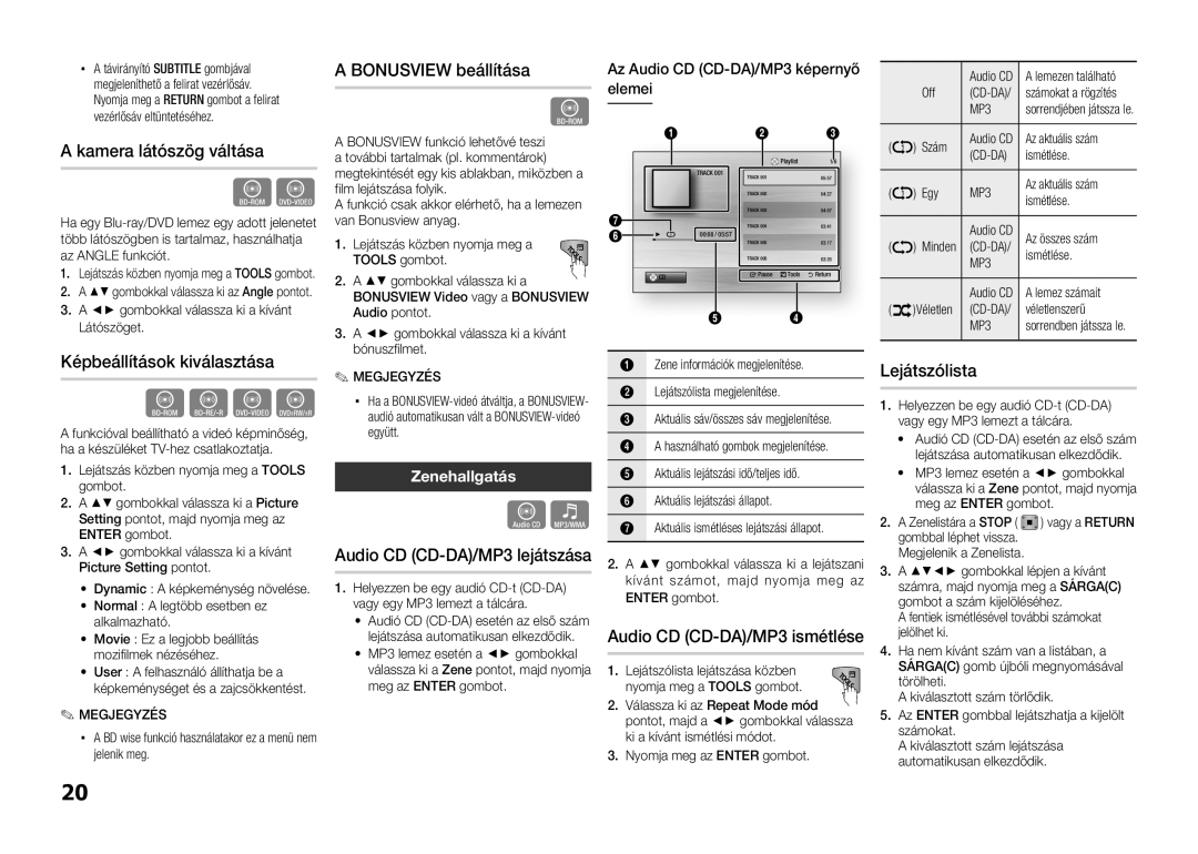 Samsung BD-D5100/XE, BD-D5100/EN Kamera látószög váltása, Képbeállítások kiválasztása, Bonusview beállítása, Lejátszólista 